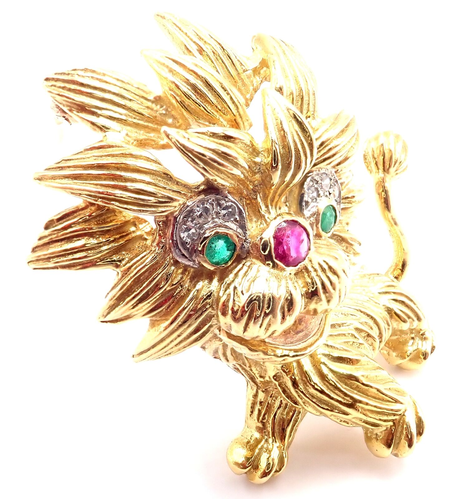 Authentic! Cartier Whimsical Dragon Lion 18k Yellow Gold Diamond Ruby Pin Brooch | Fortrove