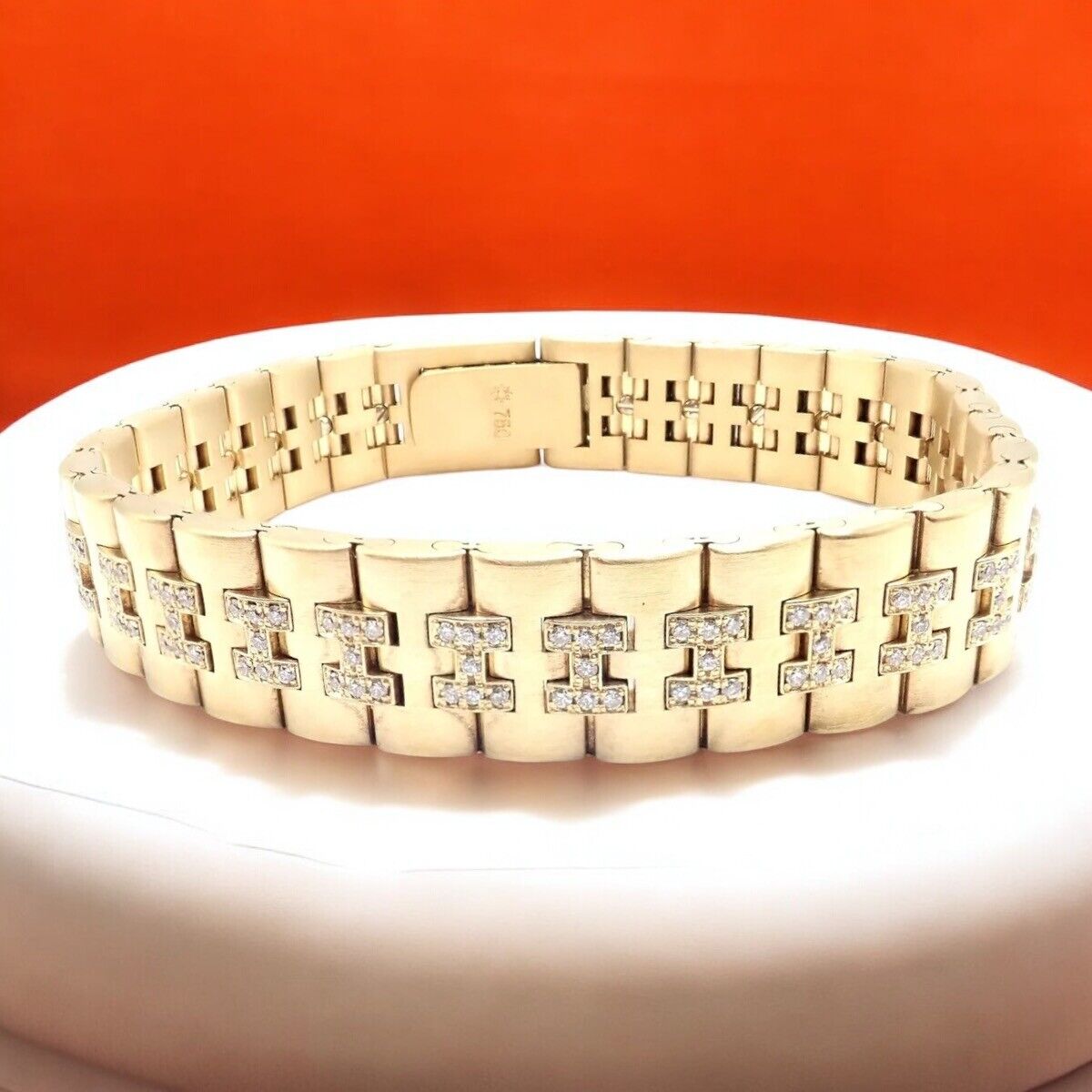 Authentic! Vintage Hermes Paris 18k Yellow Gold Diamond H Link Bracelet | Fortrove