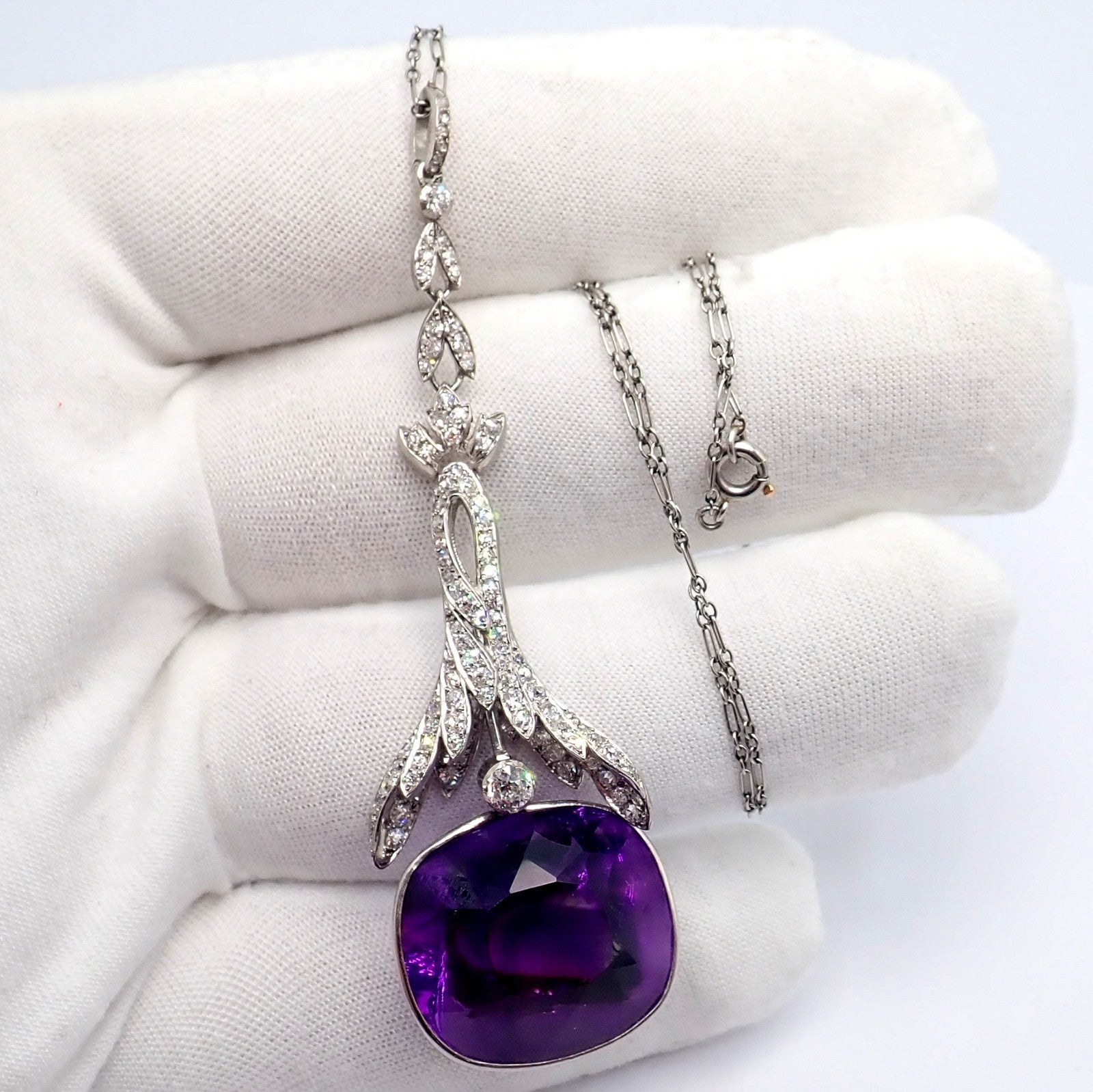 Estate Jewelry & Watches:Fine Jewelry:Necklaces & Pendants Vintage Estate Platinum Diamond Large Amethyst Art Deco Necklace