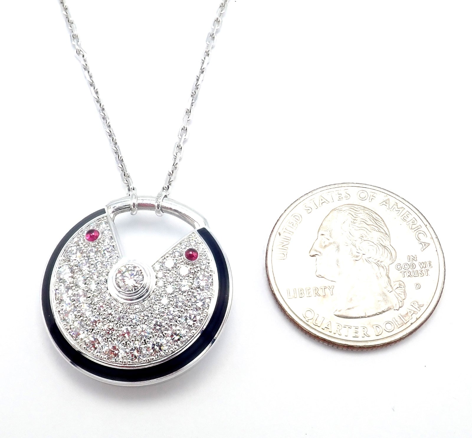 Authentic! Cartier Amulette 18k White Gold Diamond Ruby Large Pendant Necklace | Fortrove