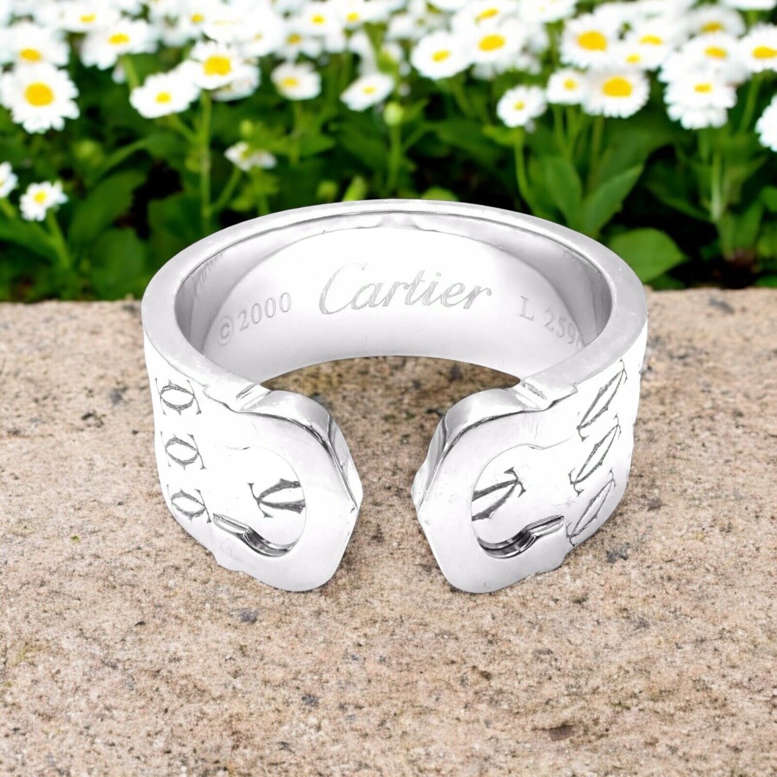 Authentic! Cartier Logo 18k White Gold Double C Motif Monogram Band Ring Sz 6.25 | Fortrove