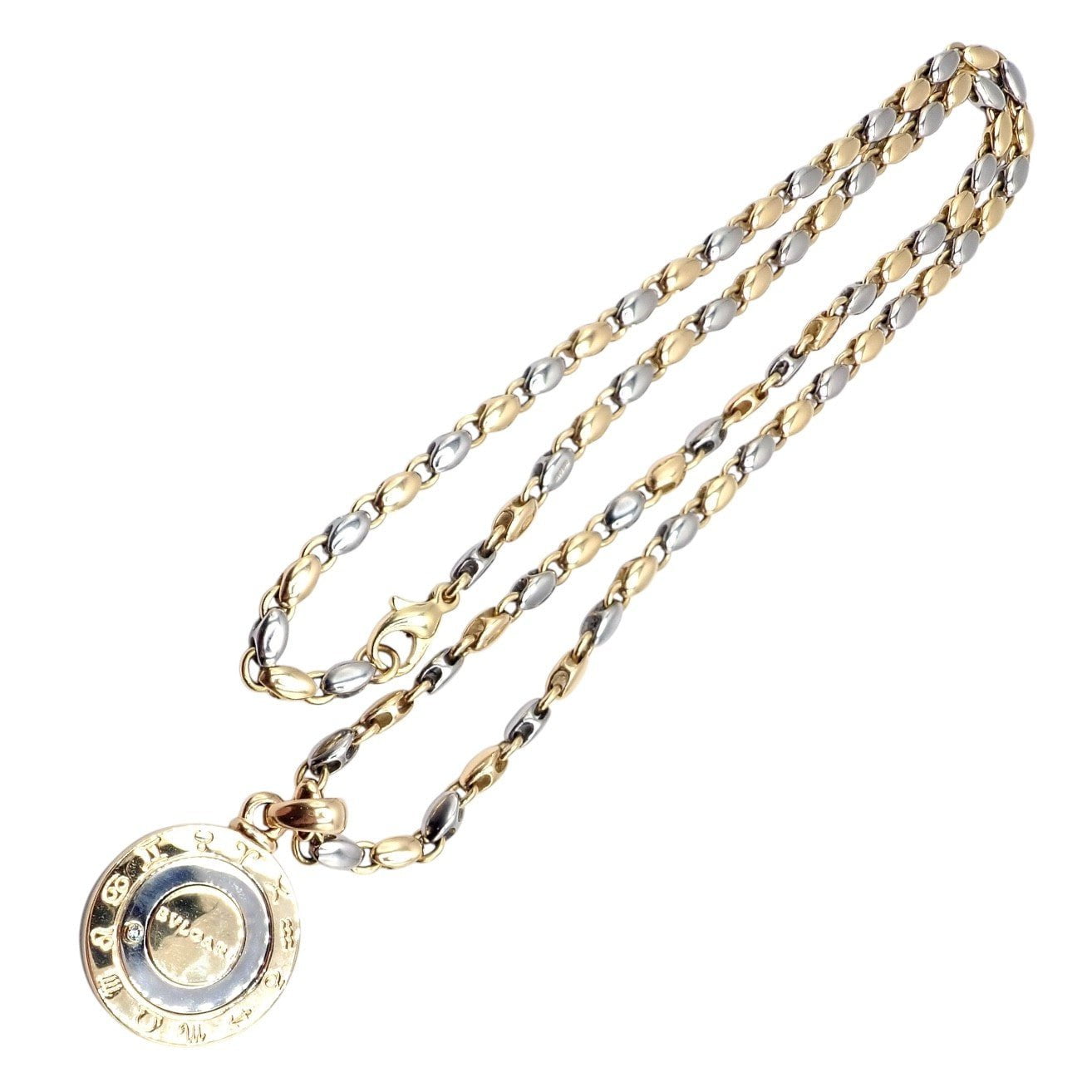 Authentic! Bulgari Bvlgari 18k Yellow Gold Steel Diamond Zodiac Pendant Necklace | Fortrove