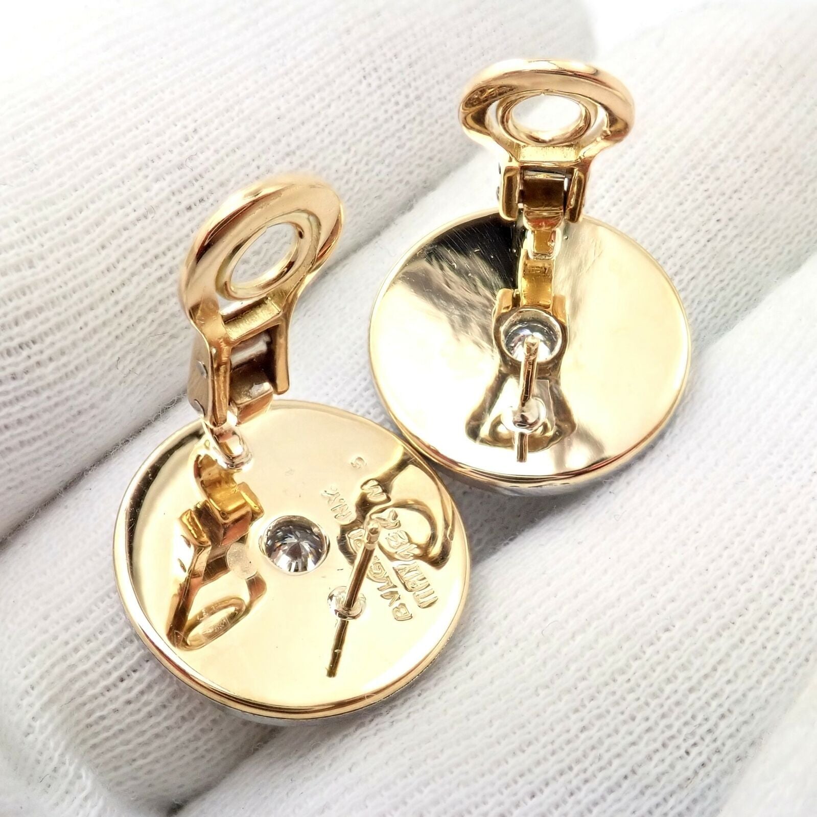 Rare! Authentic Bvlgari Bulgari 18k Yellow + White Gold Diamond Disc Earrings | Fortrove