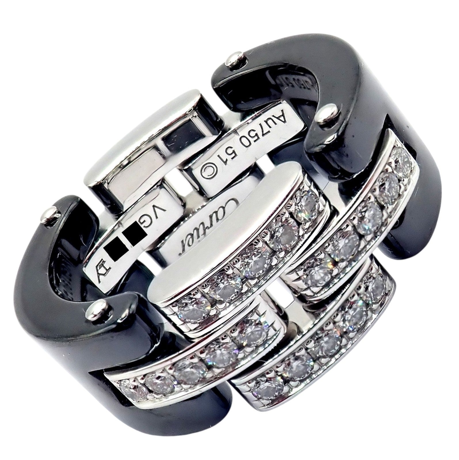 Cartier 18k White Gold Diamond Ceramic Maillon Panthere Ring Size 51 US 5.75 | Fortrove