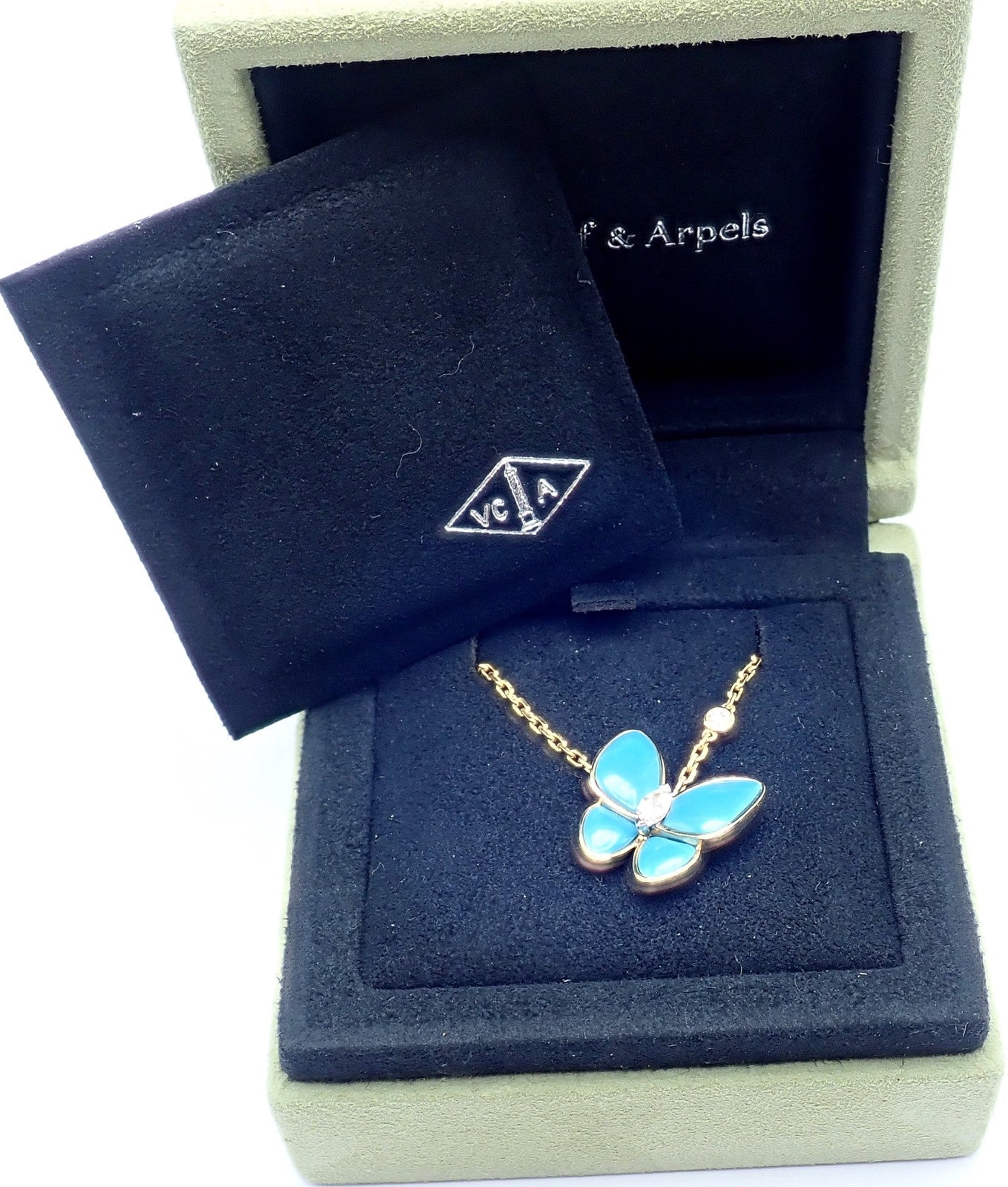 Van Cleef & Arpels Jewelry & Watches:Fine Jewelry:Necklaces & Pendants Van Cleef & Arpels 18k Gold Diamond Turquoise Butterfly Pendant Necklace Cert.
