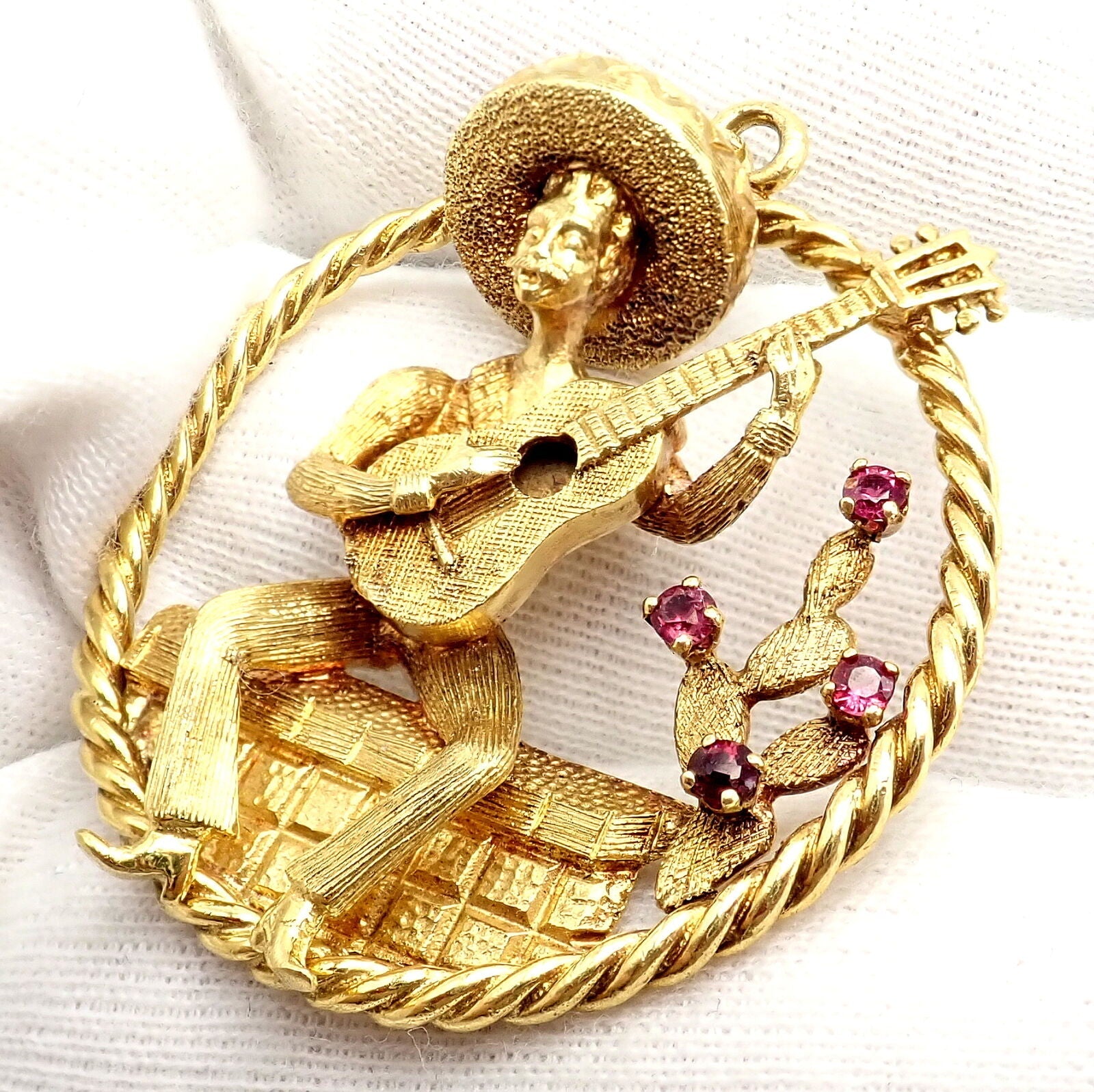 Authentic! Rudi Cherny 18k Yellow Gold Guitar Player Cactus Ruby Pendant | Fortrove