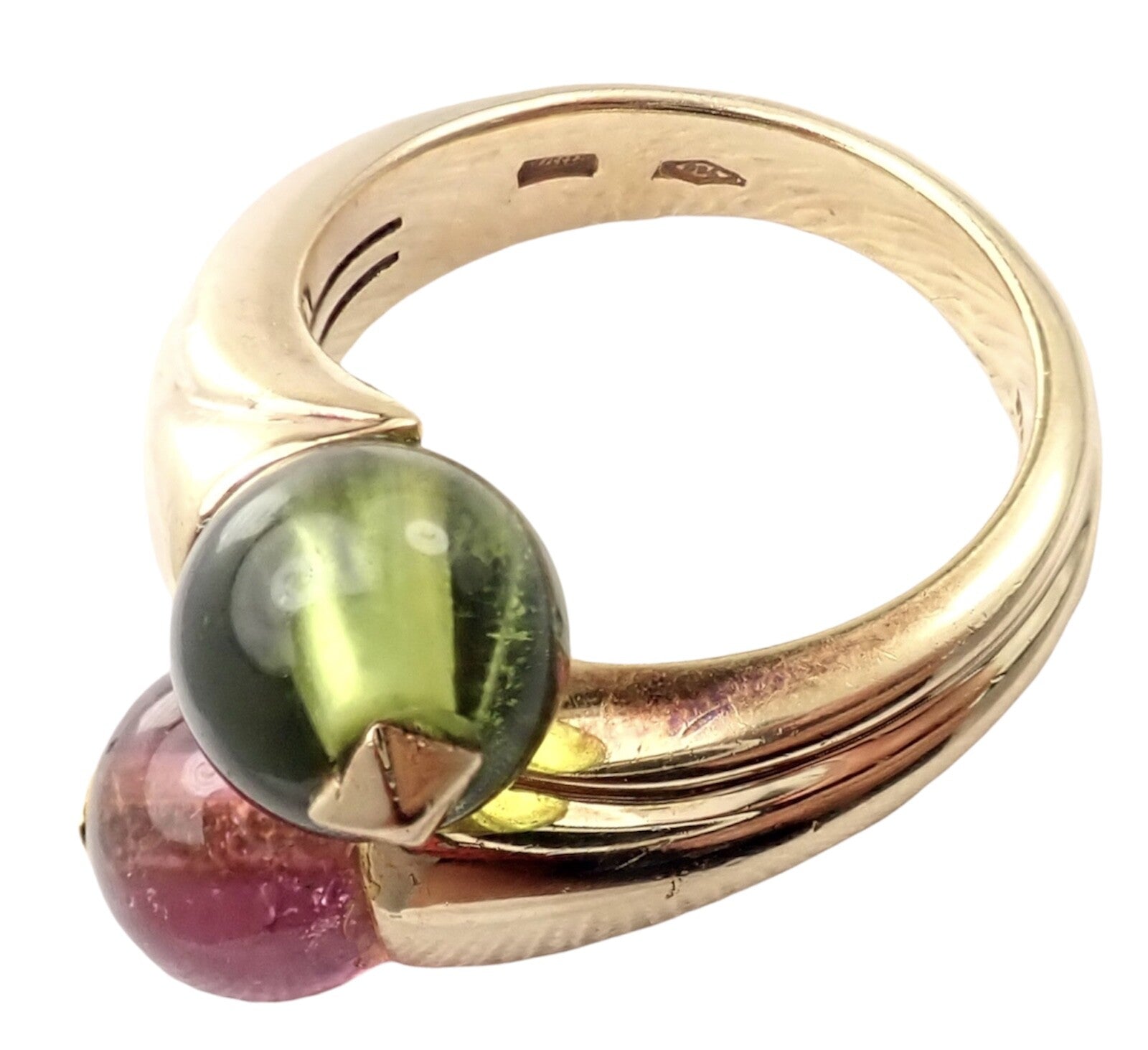 Vintage Bulgari Bvlgari 18k Yellow Gold Pink + Green Tourmaline Bypass Ring | Fortrove