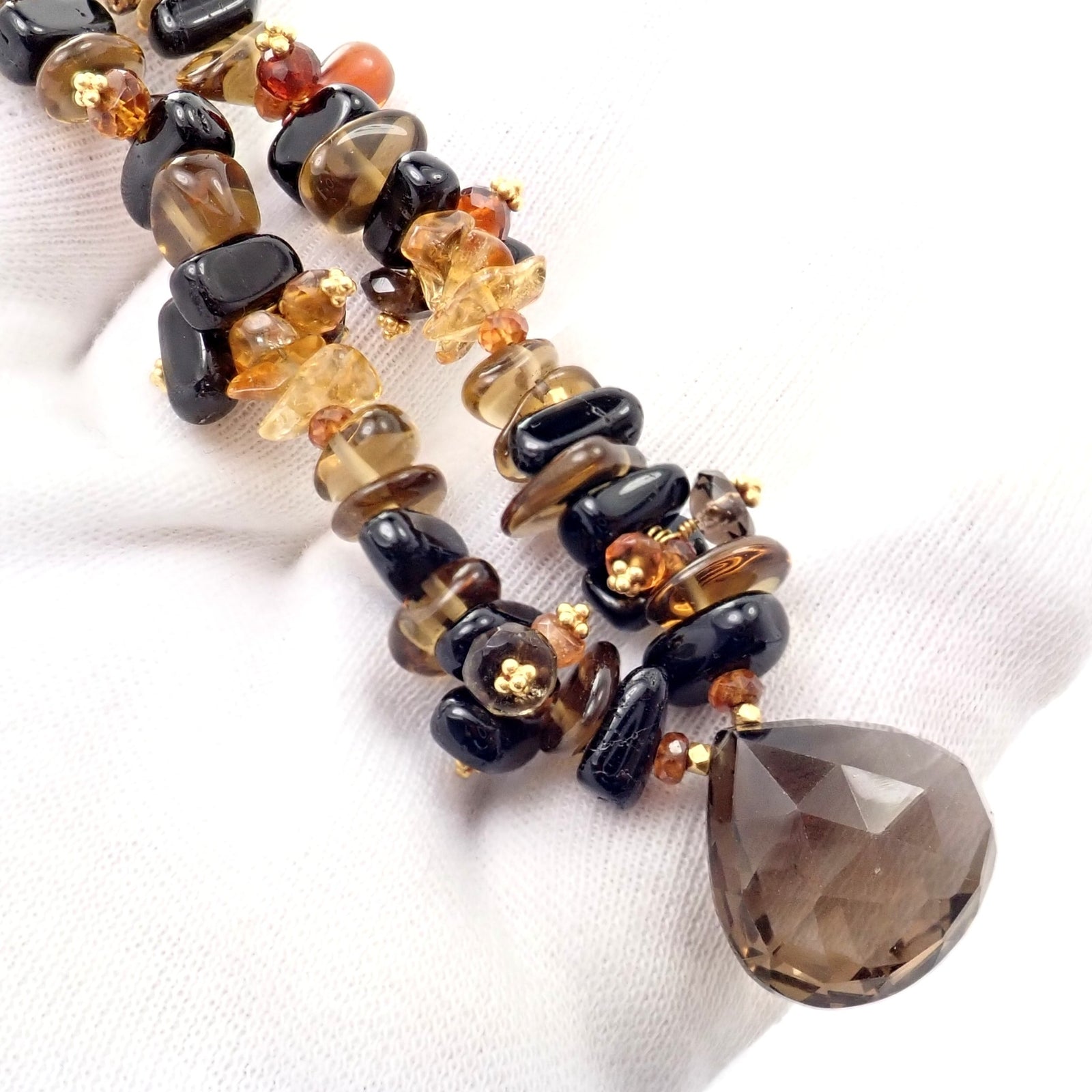 Laura Gibson 18k Yellow Gold Briolette Smokey Topaz Onyx Bead Large Necklace | Fortrove