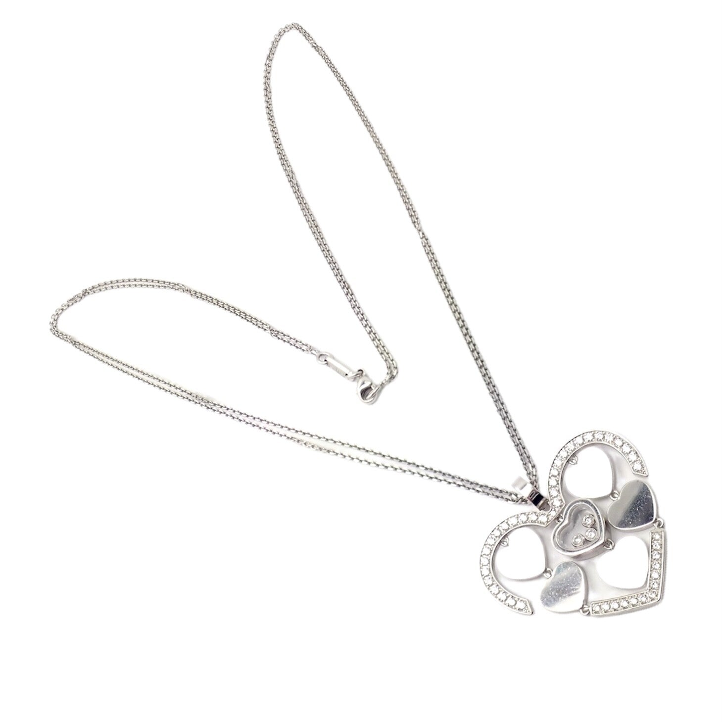 Authentic! Chopard 18k White Gold Large Double Happy Hearts Diamond Necklace | Fortrove
