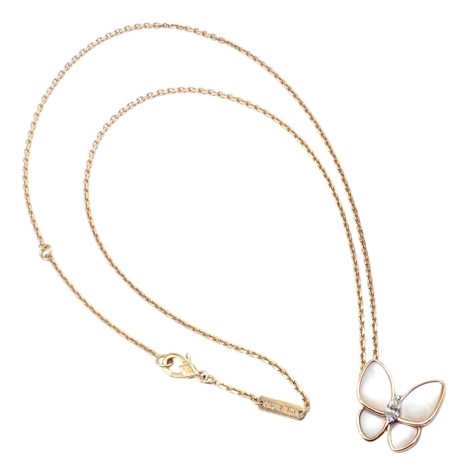 Van Cleef & Arpels 18k Rose Gold Diamond MoP Two Butterfly Pendant Necklace Cert | Fortrove