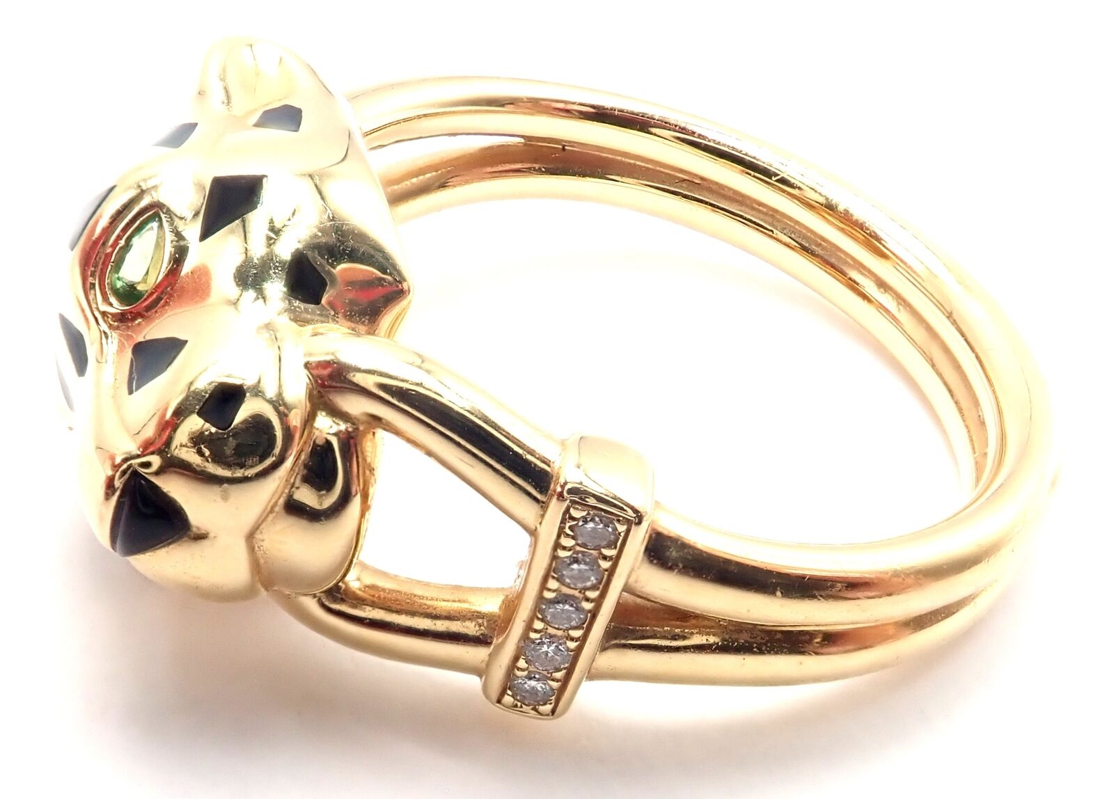 Authentic! Cartier Panther Panthere 18k Gold Diamond Lacquer Tsavorite Ring Cert | Fortrove