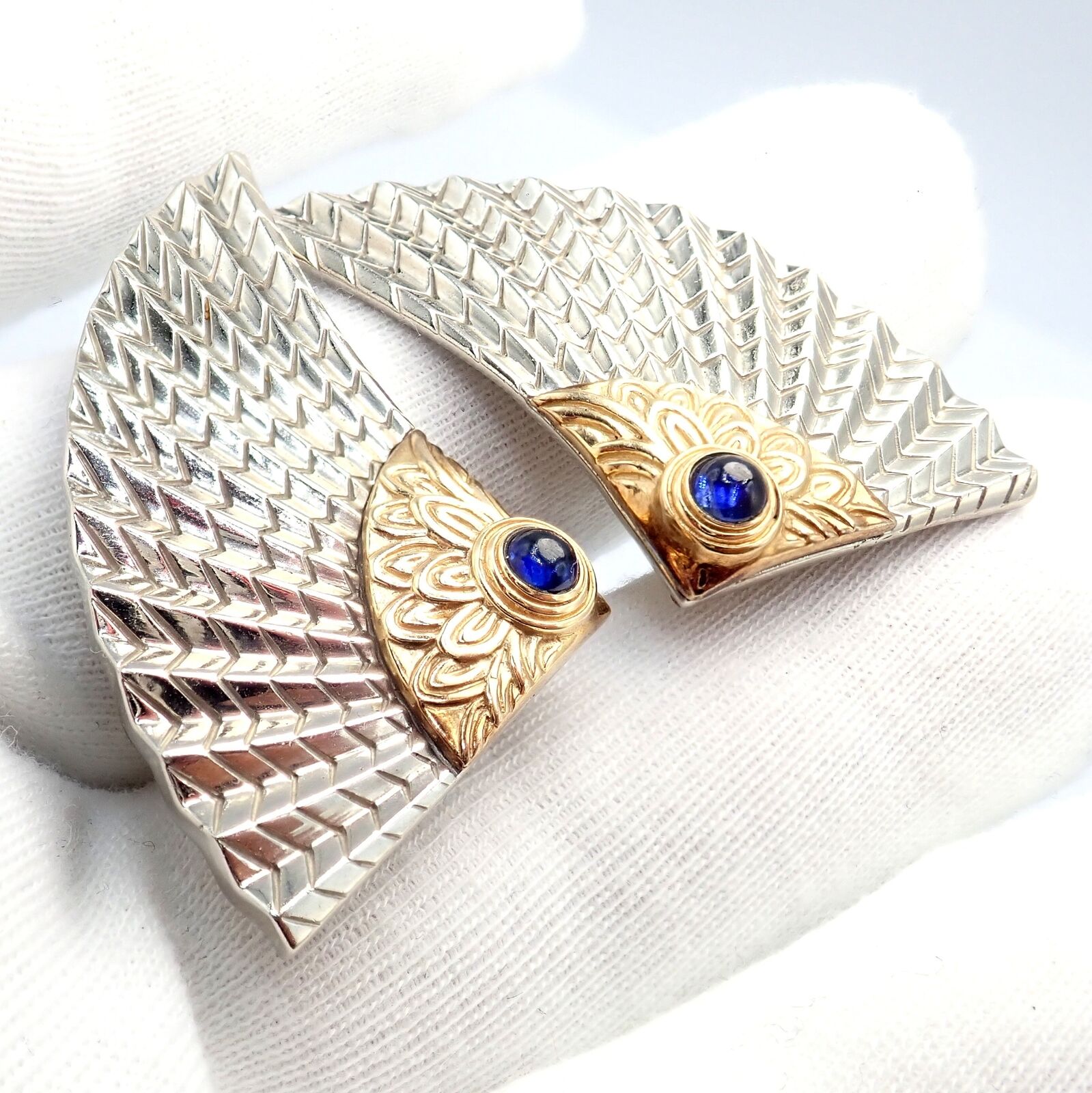 Erte Jewelry & Watches:Fine Jewelry:Earrings Rare! Erte CFA 14k Yellow Gold + Silver Nile Large Fan Sapphire Earrings