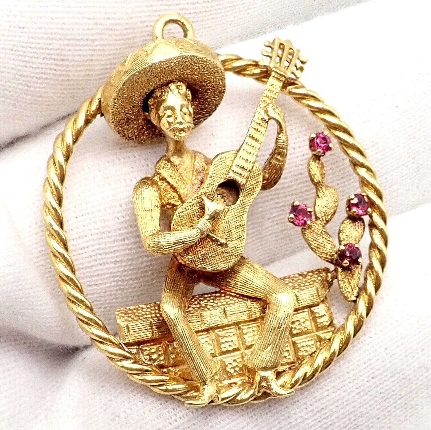 Authentic! Rudi Cherny 18k Yellow Gold Guitar Player Cactus Ruby Pendant | Fortrove