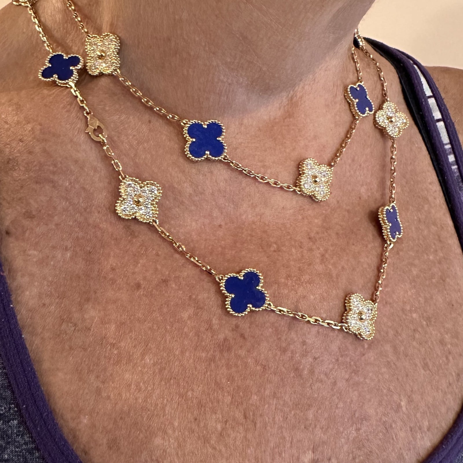 Van Cleef & Arpels Jewelry & Watches:Fine Jewelry:Necklaces & Pendants Van Cleef & Arpels 18k Yellow Gold 20 Motif Alhambra Diamond Lapis Necklace