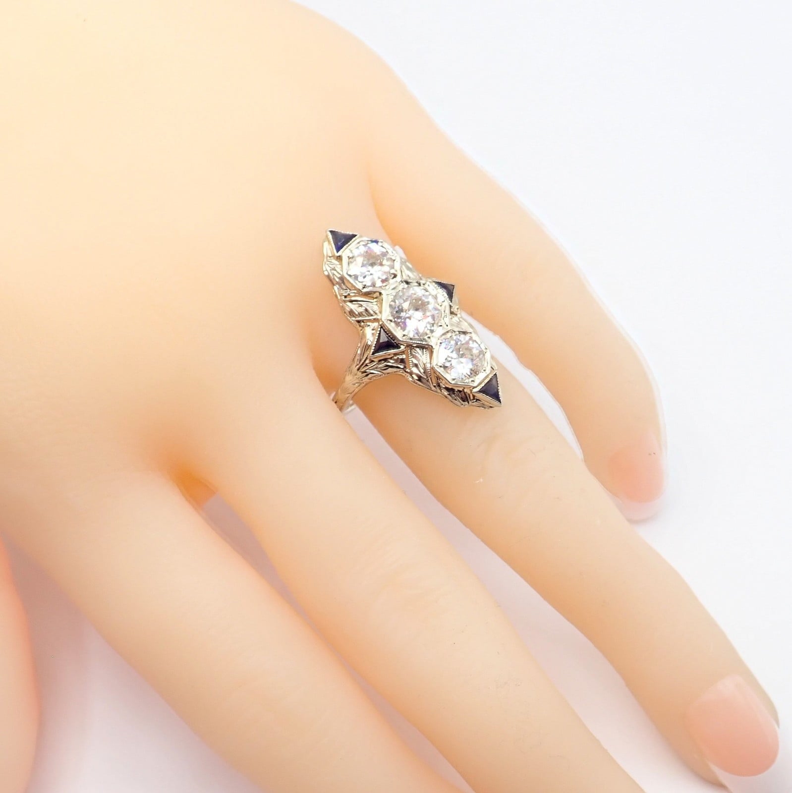 Estate Jewelry & Watches:Vintage & Antique Jewelry:Rings Vintage Estate 20k White Gold Diamond 2ctw Sapphire Art Deco Ring sz 7