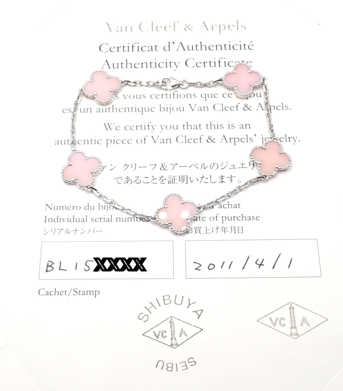Authentic! Van Cleef & Arpels Alhambra 18k White Gold Pink Opal