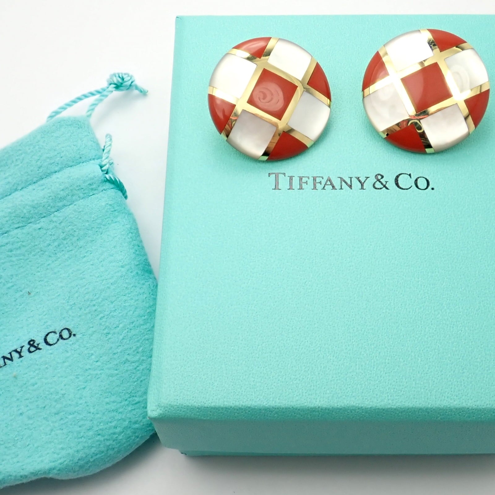 Tiffany & Co. Jewelry & Watches:Fine Jewelry:Earrings Tiffany & Co Cummings 18k Gold Mother of Pearl Carnelian Checkerboard Earrings