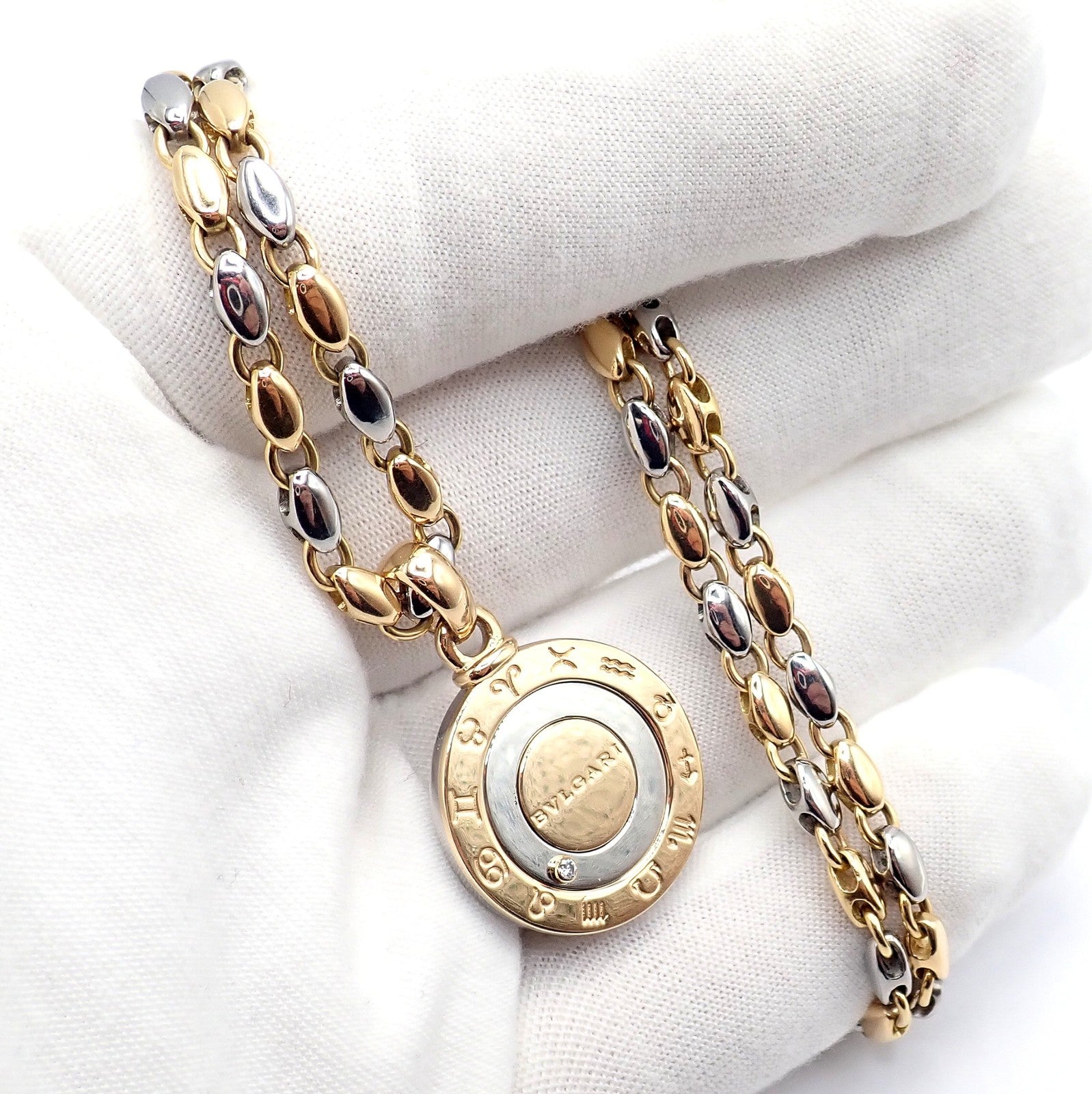 Authentic! Bulgari Bvlgari 18k Yellow Gold Steel Diamond Zodiac Pendant Necklace | Fortrove