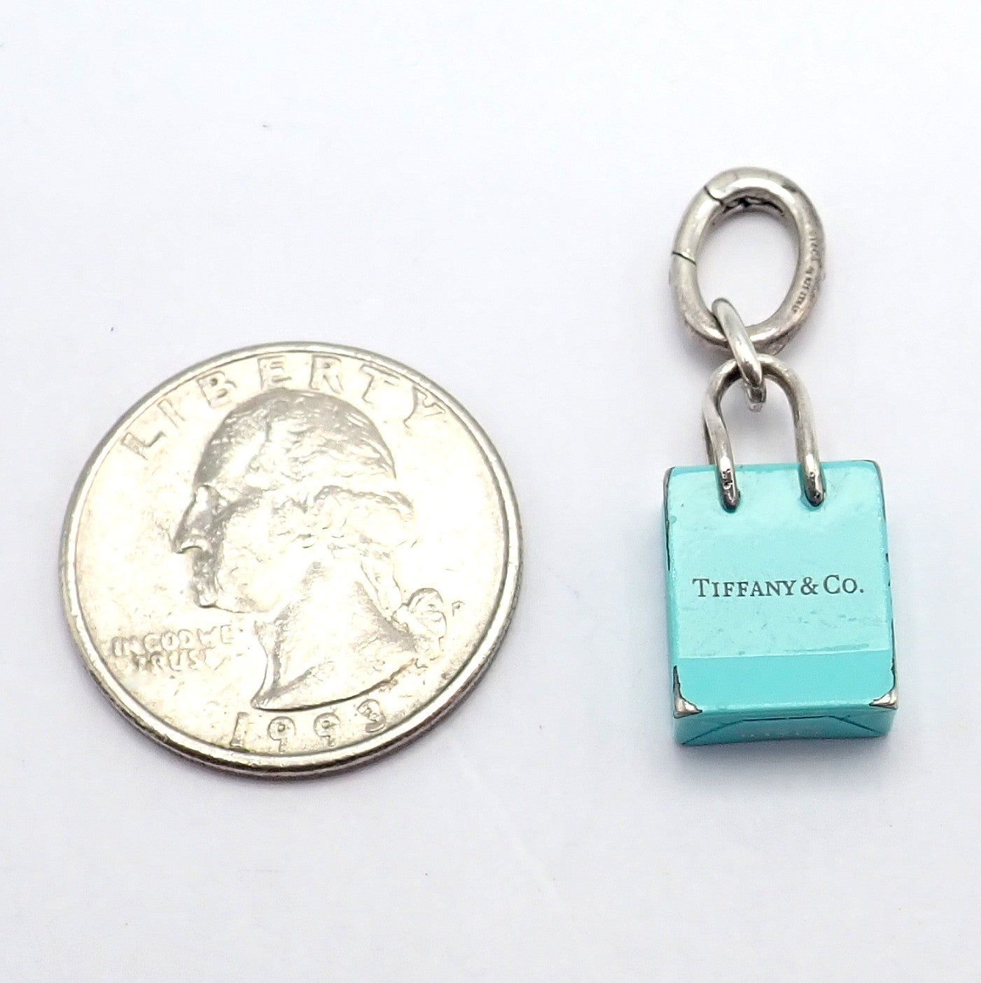 Tiffany & Co. Enamel Shopping Bag Silver Charm Pendant + Oval Jump
