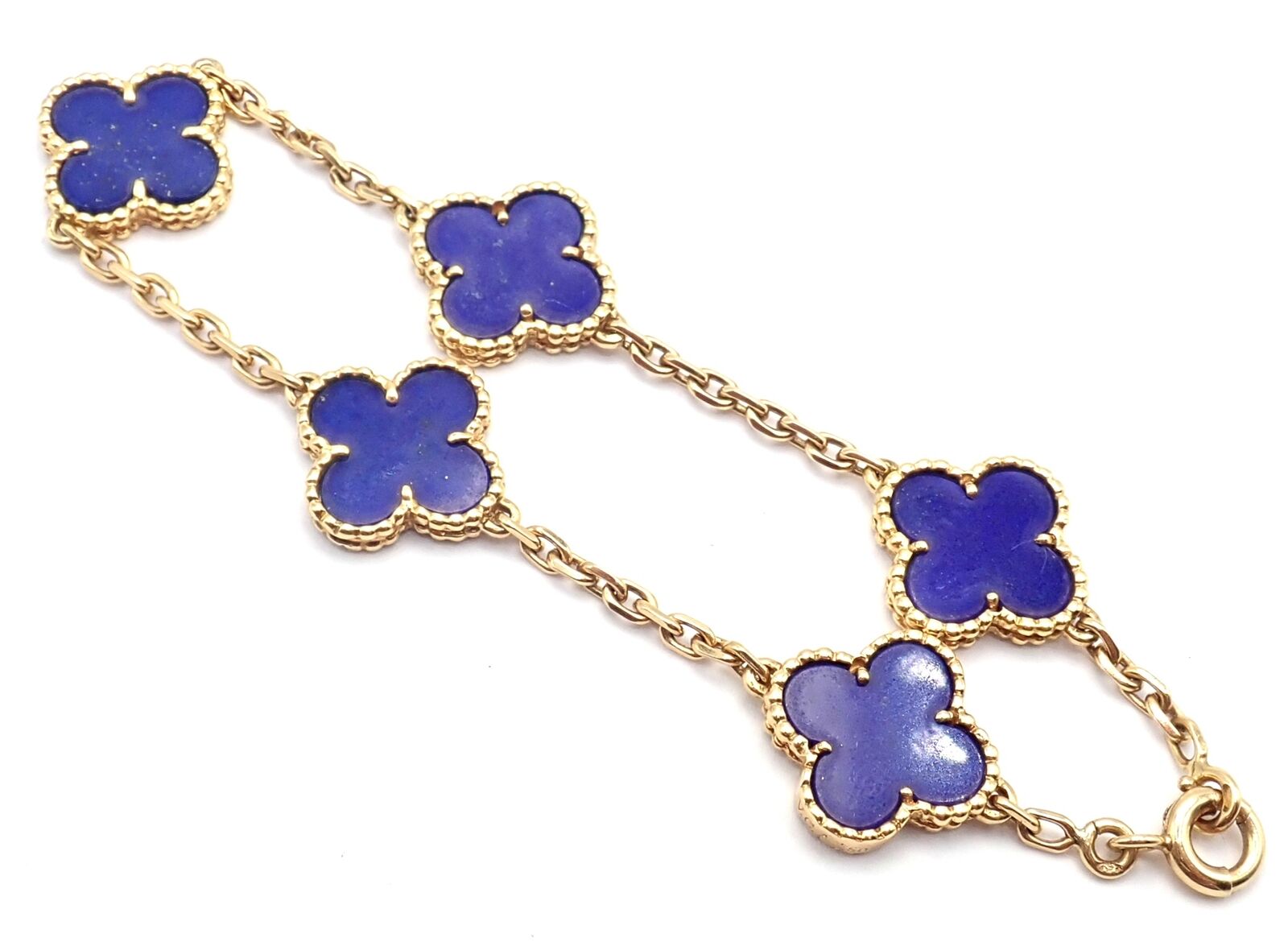 Authentic! Van Cleef & Arpels 18k Gold 5 Motif Alhambra Lapis