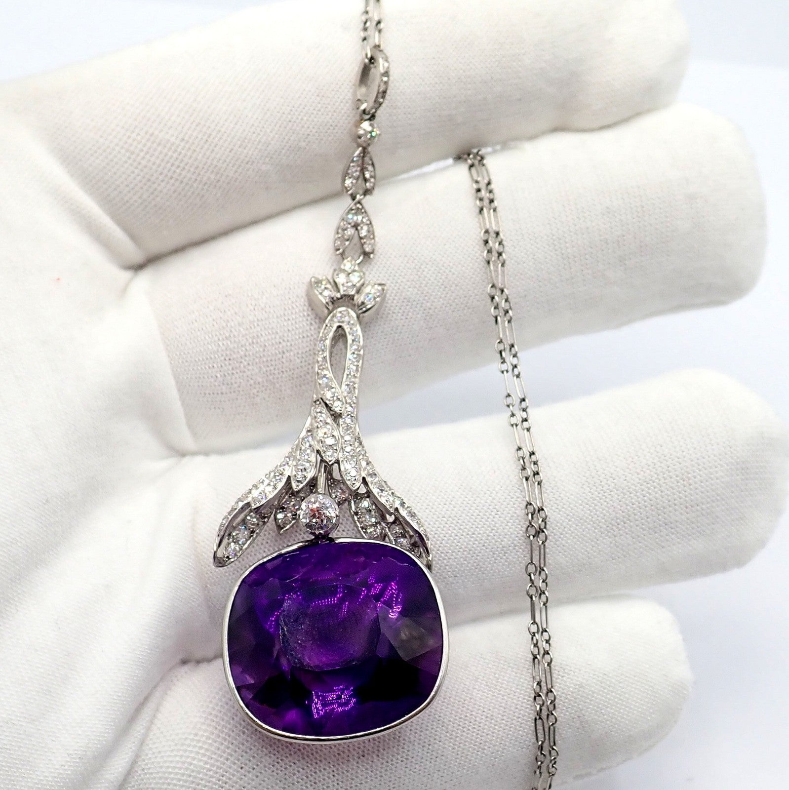 Vintage Estate Platinum Diamond Large Amethyst Art Deco Necklace | Fortrove