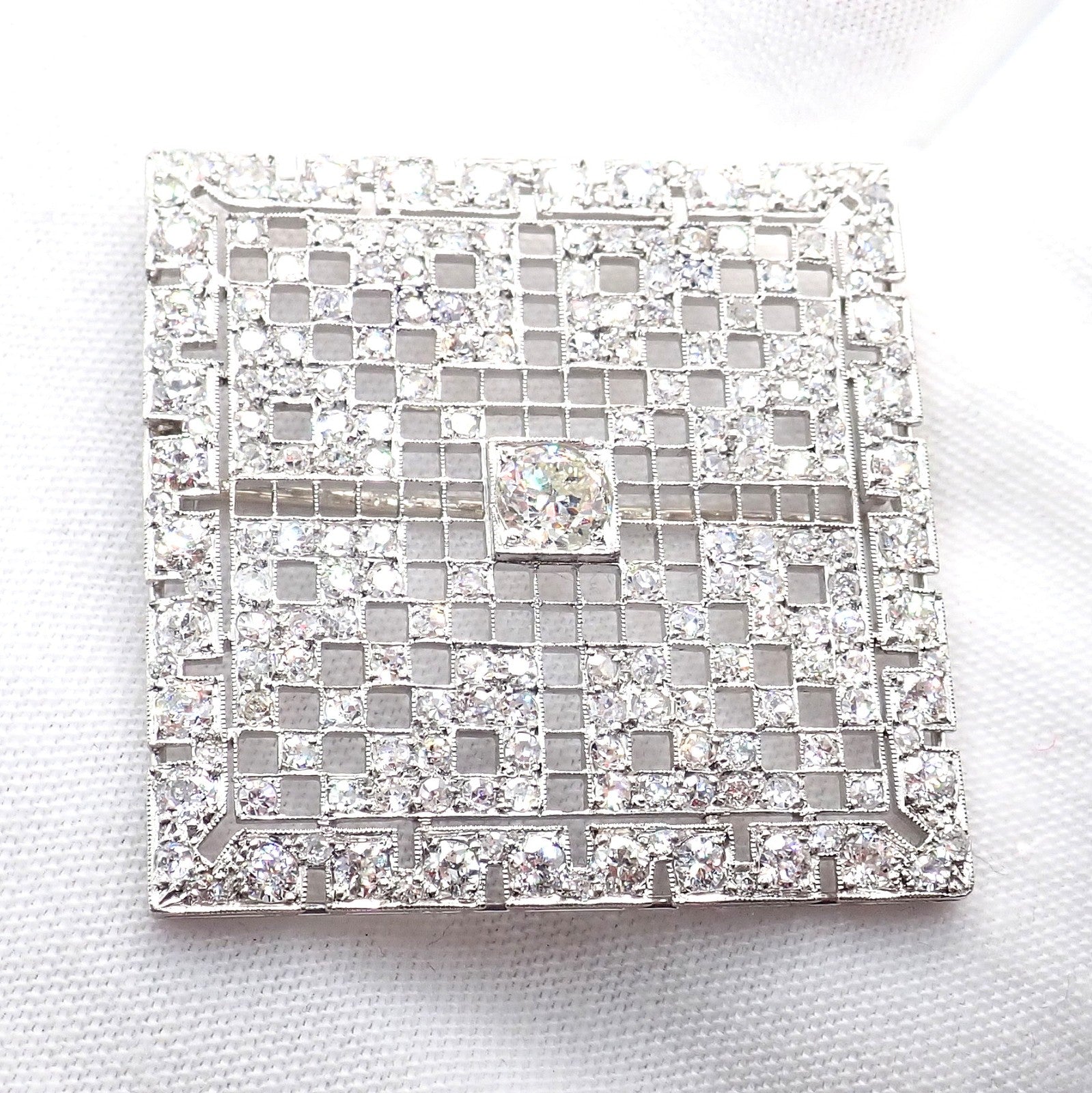 Vintage Estate Art Deco Platinum 5ctw Diamond Square Pin Brooch | Fortrove