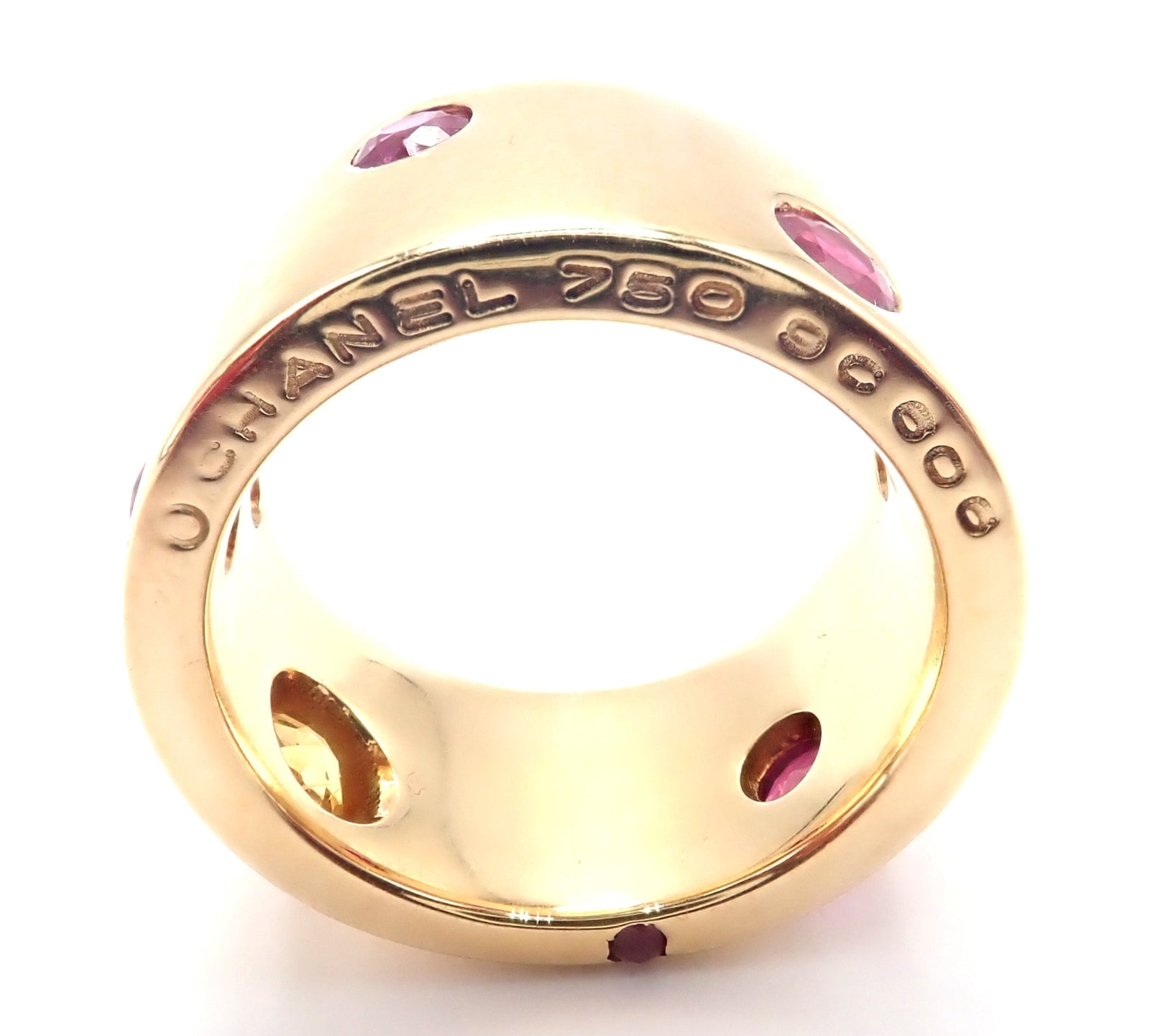 Authentic! Chanel 18k Yellow Gold Ruby Yellow Sapphire Wide Band Ring Size 5 | Fortrove