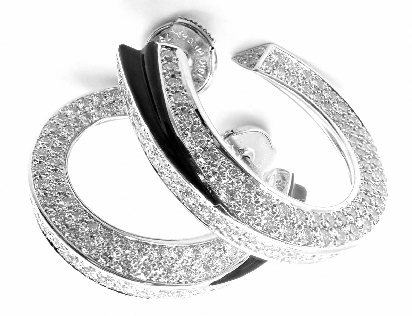 Authentic! Cartier Panthere 18k White Gold Diamond Onyx Hoop Earrings | Fortrove