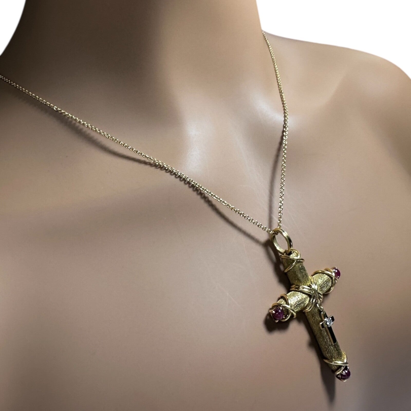 Tiffany & Co Schlumberger 18k Yellow Gold Ruby Diamond Cross 24" Chain Necklace | Fortrove