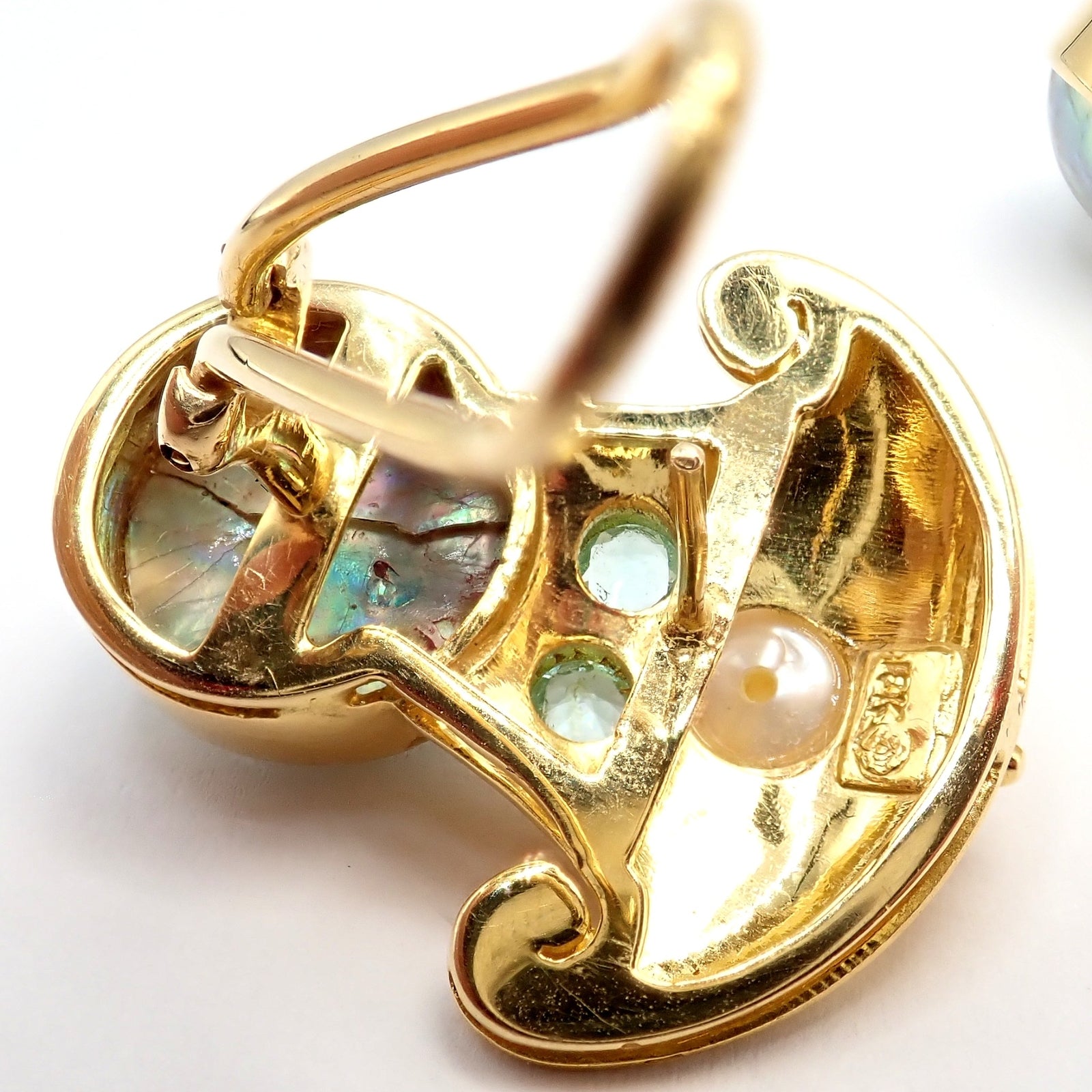 Rare! Vintage Paula Crevoshay 18k Gold Abalone Pearl Blue Gemstone Earrings OOAK | Fortrove