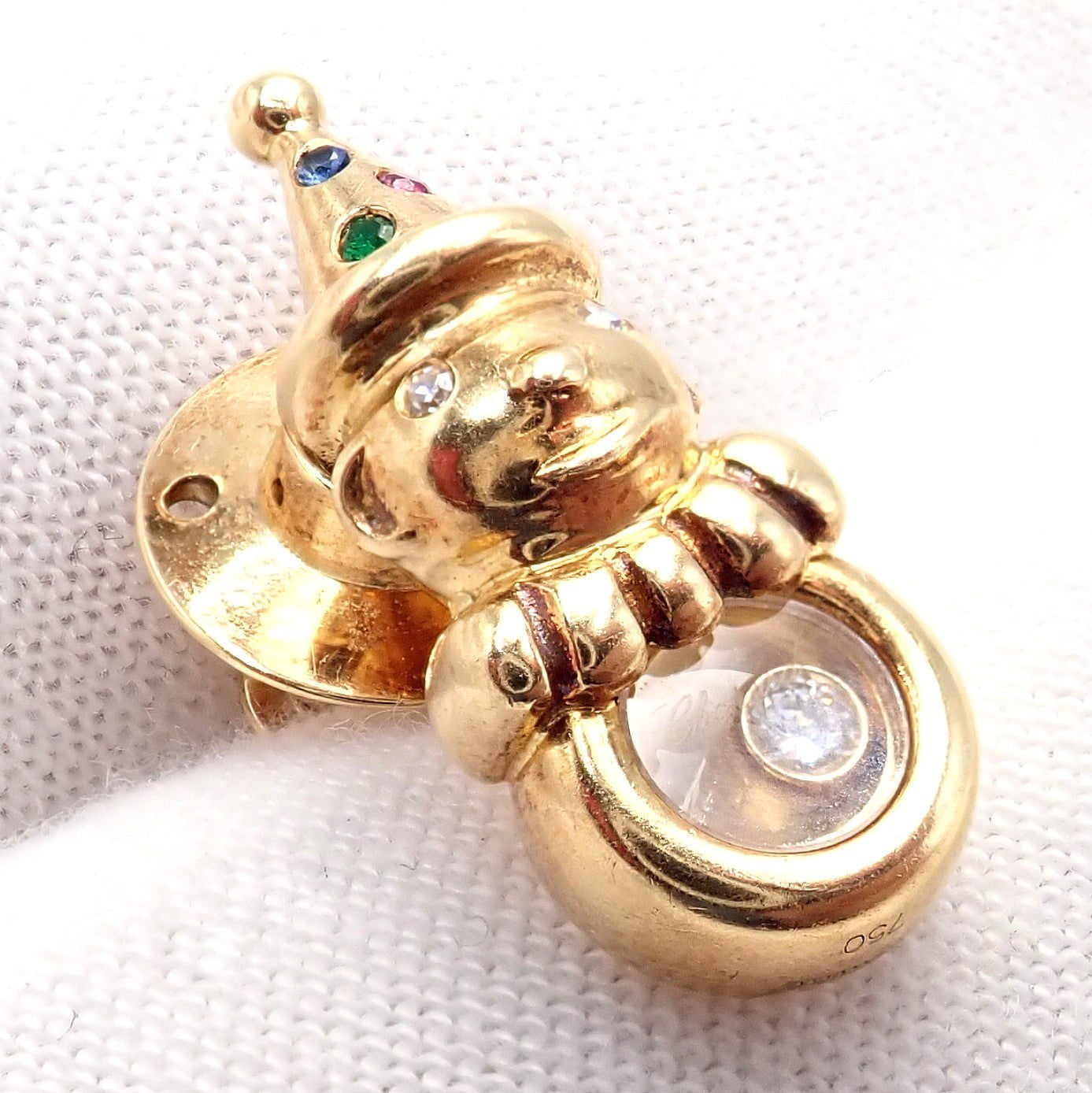 Authentic! Chopard 18k Yellow Gold Clown Happy Diamond Ruby Sapphire Pin Brooch | Fortrove