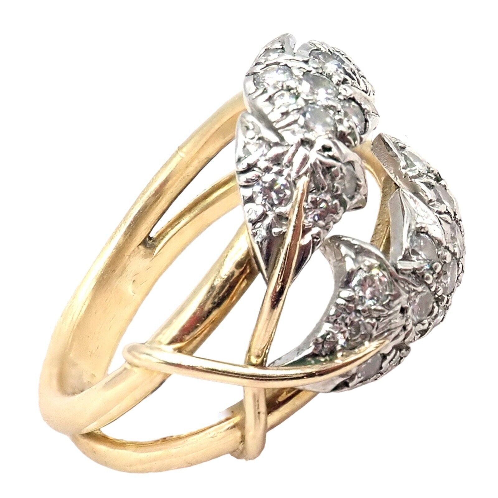 Authentic! Tiffany & Co. Schlumberger Diamond Yellow Gold Platinum Two Leaf Ring | Fortrove