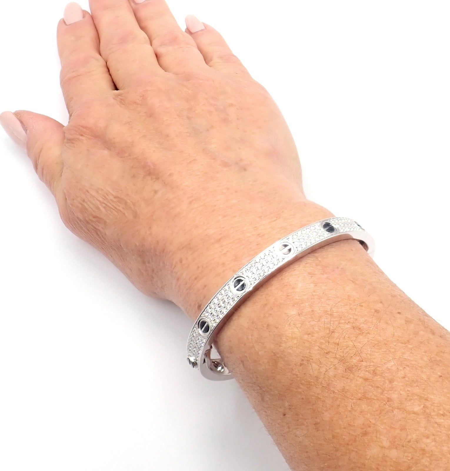 Authentic! Cartier Love 18k White Gold Diamond Pave Ceramic Bracelet S