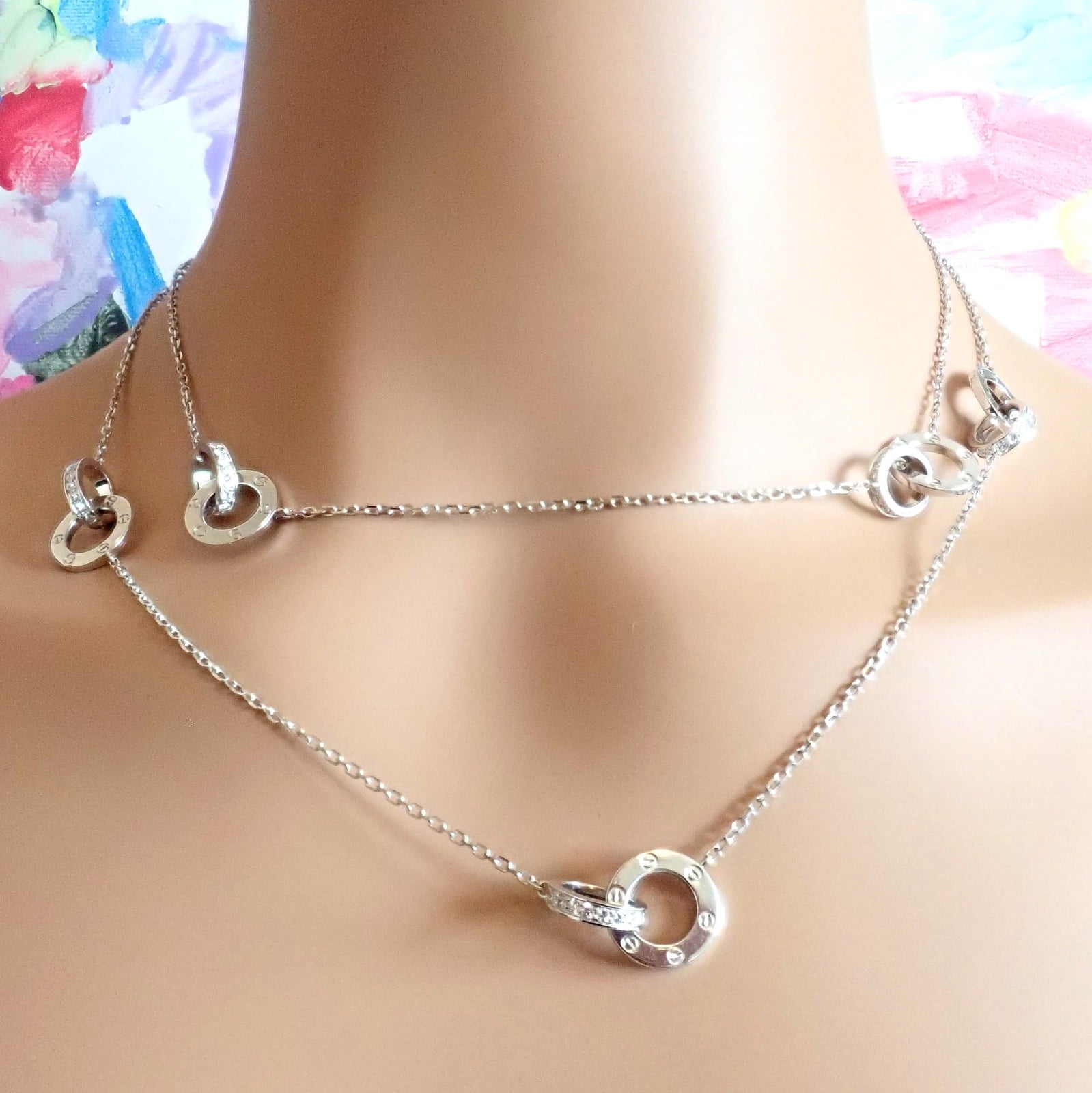 Rare! Authentic Cartier 18k White Gold Diamond Love 8 Station 36" Long Necklace | Fortrove