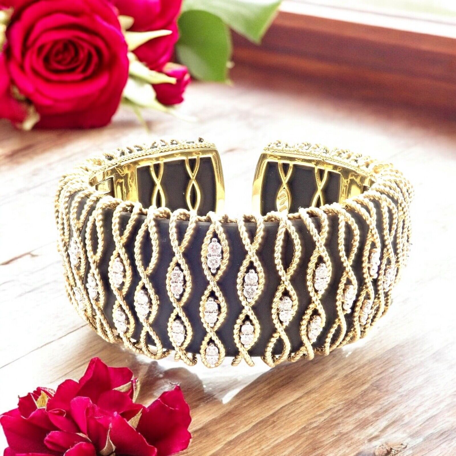 Roberto Coin Jewelry & Watches:Fine Jewelry:Bracelets & Charms Authentic! Roberto Coin 18k Yellow Gold Diamond Ebony Wood Cuff Bangle Bracelet