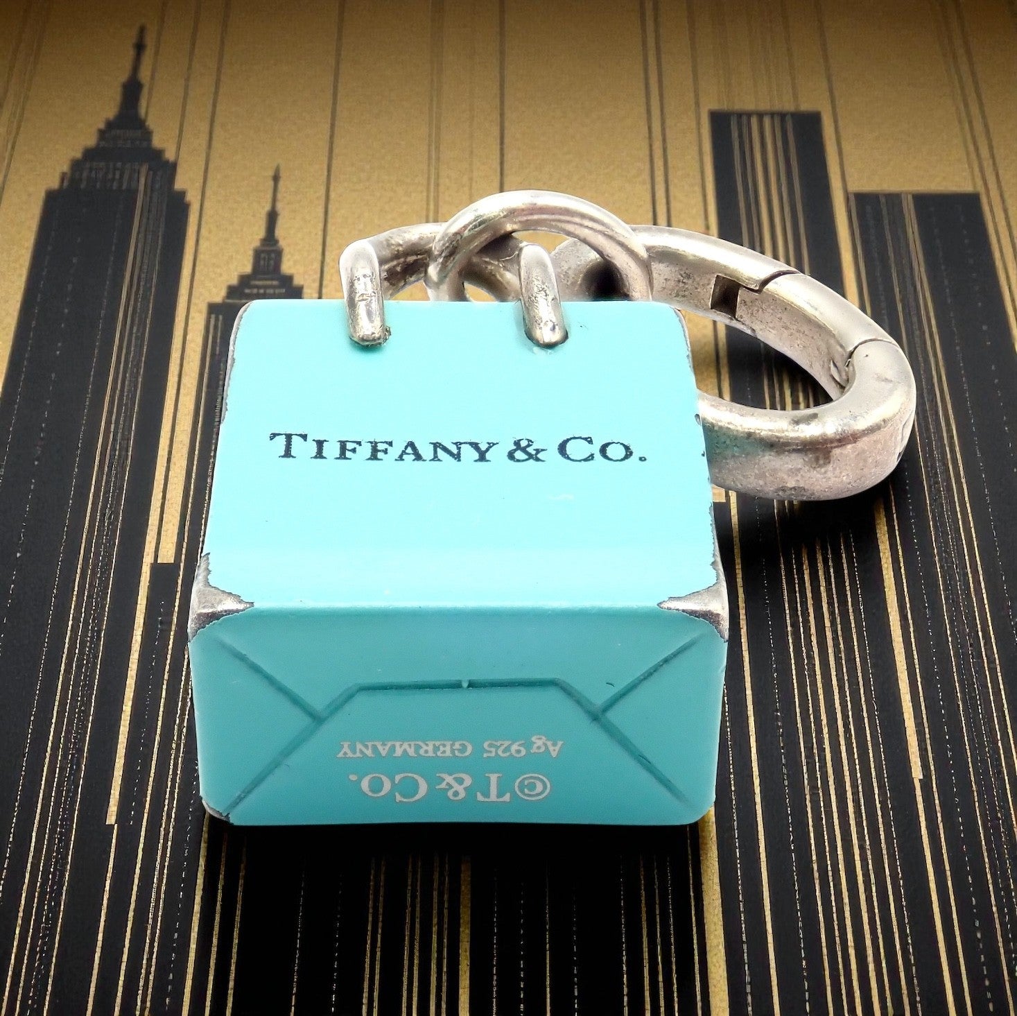 Tiffany & Co. Enamel Shopping Bag Silver Charm Pendant + Oval Jump Rin