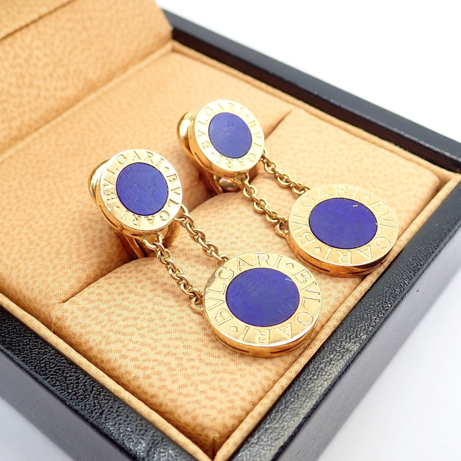 Bulgari Jewelry & Watches:Fine Jewelry:Earrings Rare! Authentic Bvlgari Bulgari 18k Yellow Gold Lapis Disc Double Logo Earrings