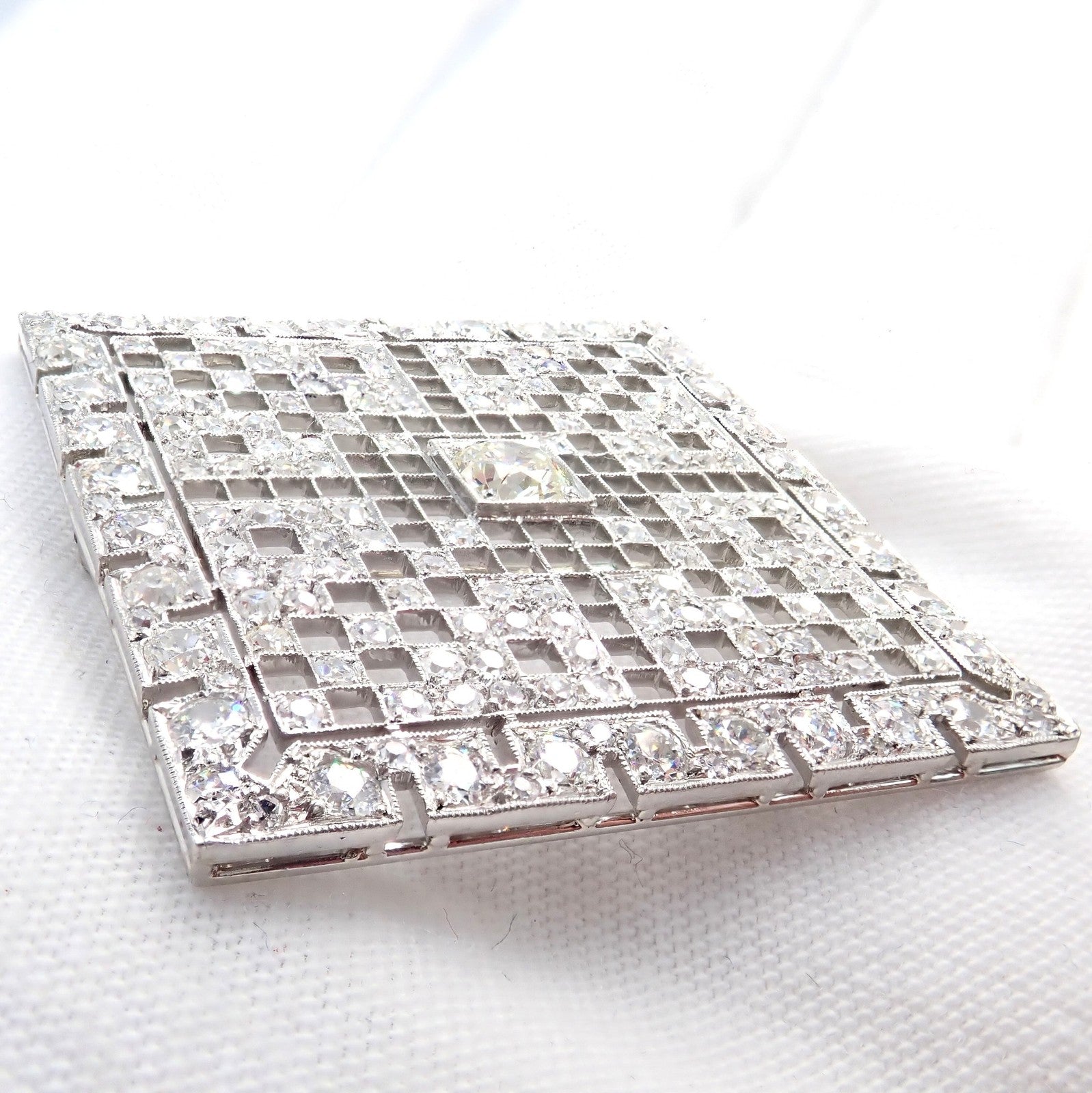 Vintage Estate Art Deco Platinum 5ctw Diamond Square Pin Brooch | Fortrove