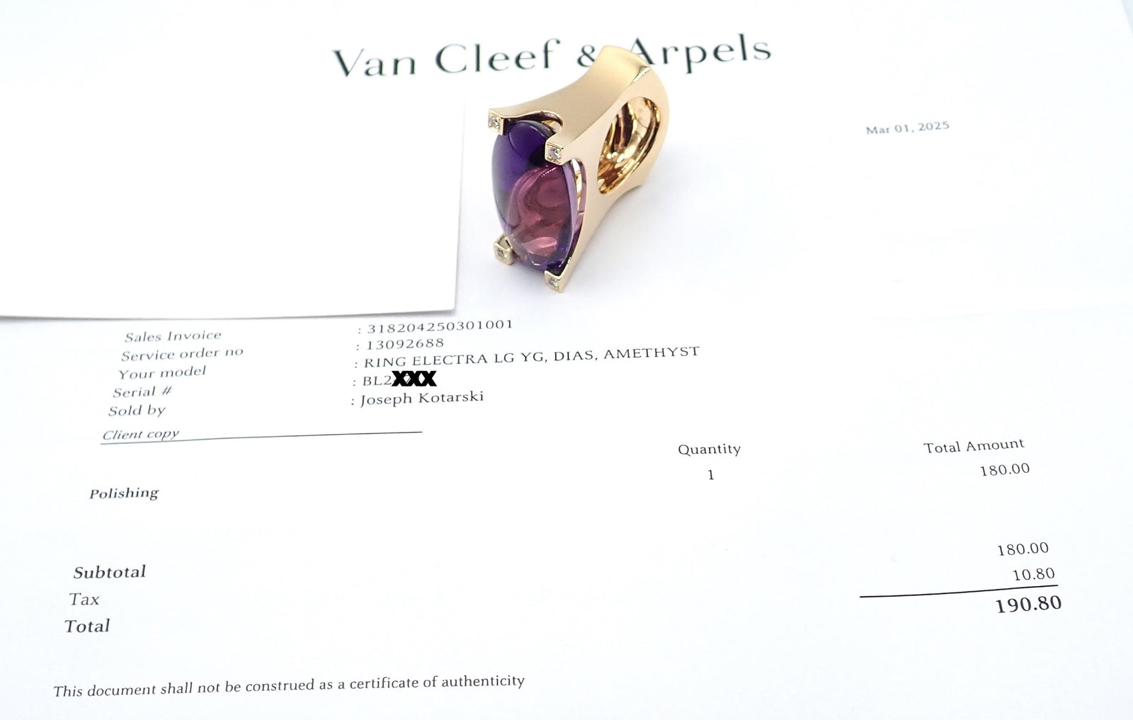 Van Cleef & Arpels Electra 18k Yellow Gold Diamond Large Amethyst Ring Paper | Fortrove