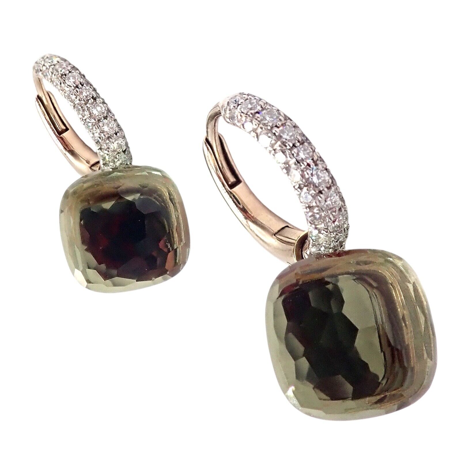 Authentic! Pomellato Nudo 18k Rose + White Gold Diamond Prasiolite Earrings | Fortrove