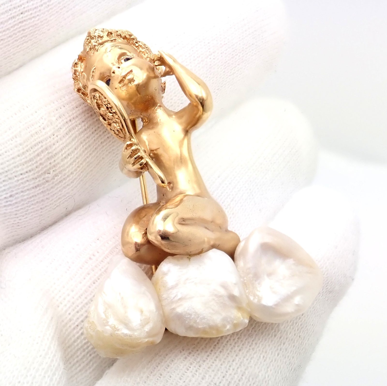 Rare Large Ruser 14k Yellow Gold Sapphire Pearl Mondays Child Pin Brooch | Fortrove