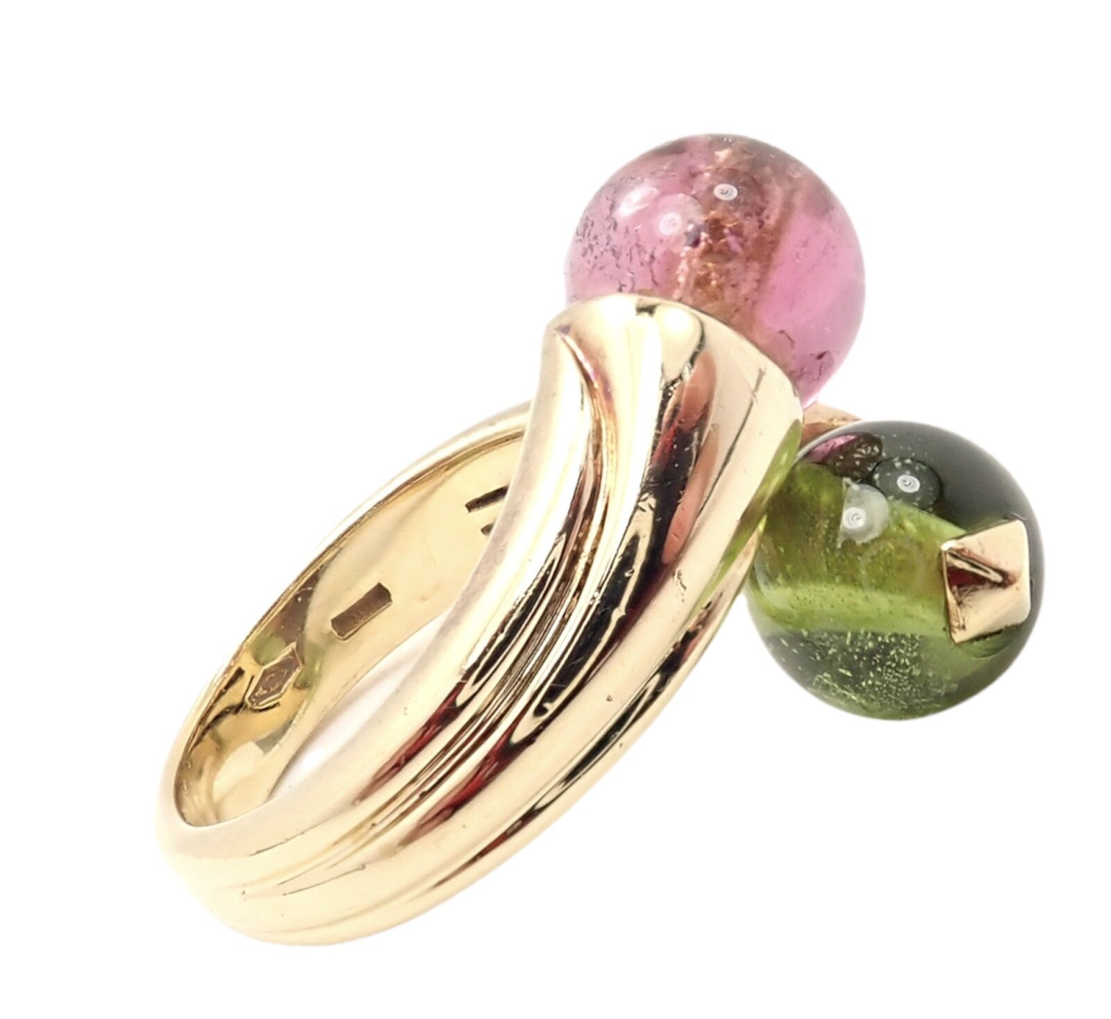 Vintage Bulgari Bvlgari 18k Yellow Gold Pink + Green Tourmaline Bypass Ring | Fortrove