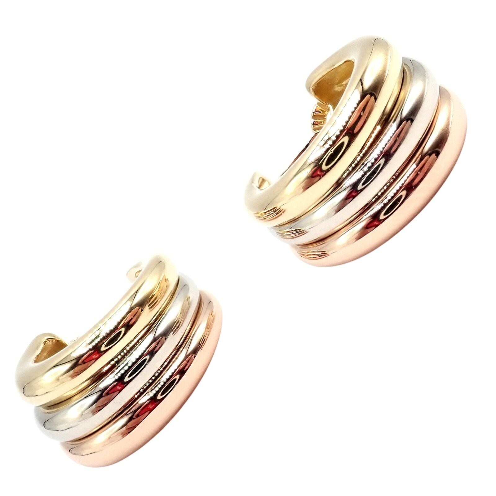 Authentic! Cartier 18k Tri-Color Gold Large Size Trinity Huggie Hoop Earrings | Fortrove