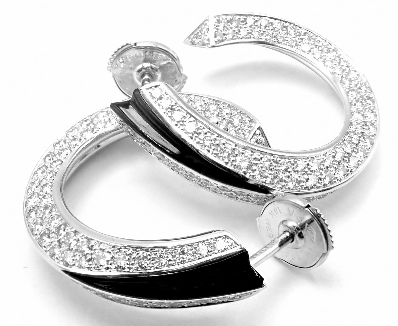Authentic! Cartier Panthere 18k White Gold Diamond Onyx Hoop Earrings | Fortrove
