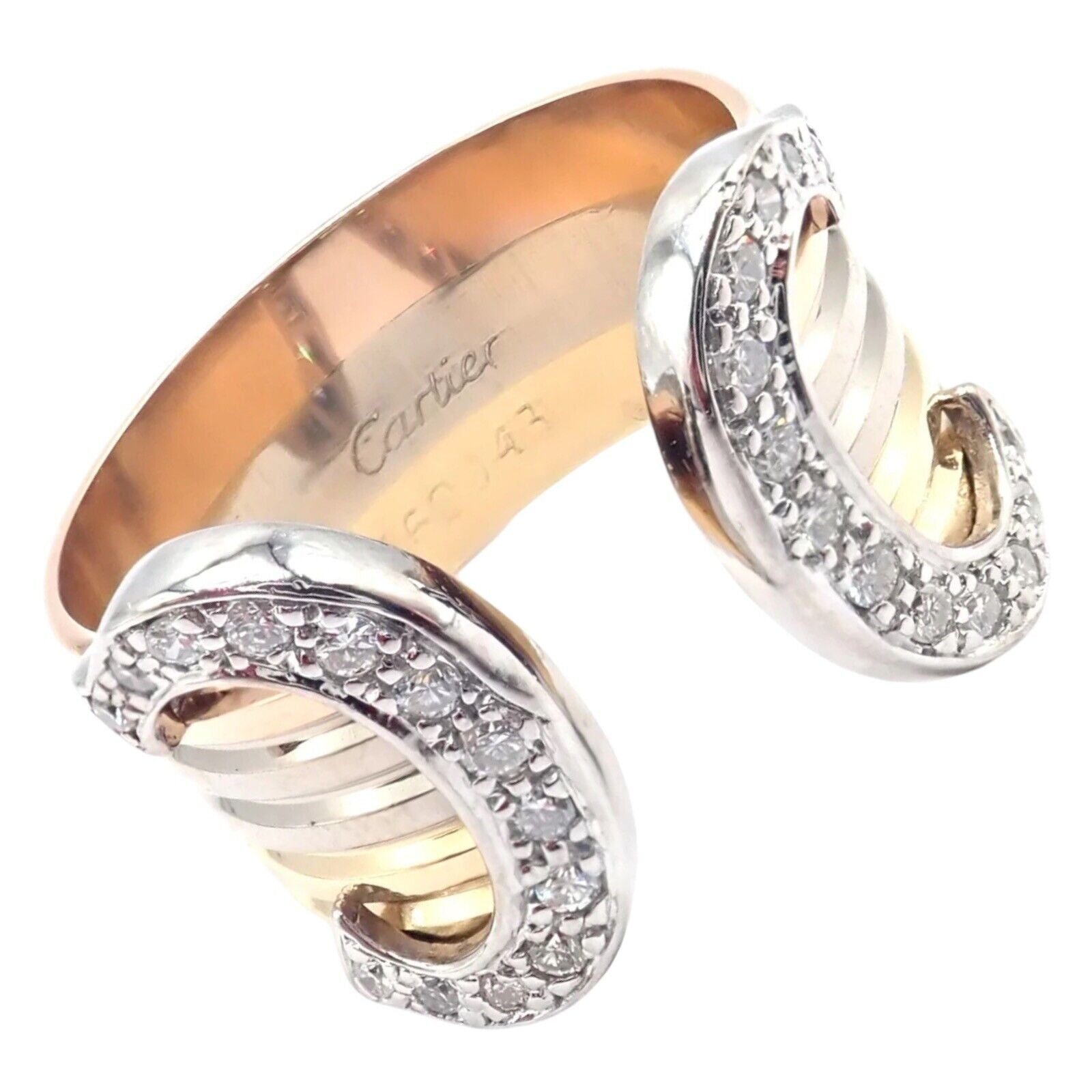 Authentic! Cartier Diamond Double C 18k Tri-Color Gold Band Ring Size 53 US 6.25 | Fortrove