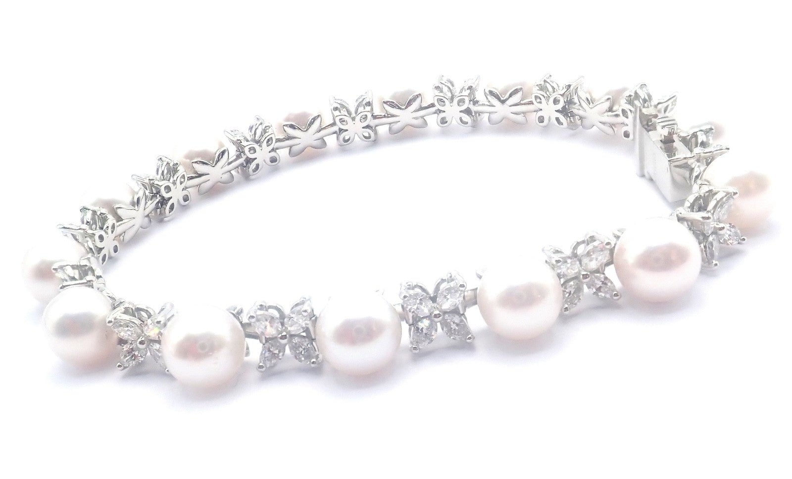 Tiffany & Co Victoria Platinum Diamond Akoya Cultured Pearl Line Tennis Bracelet | Fortrove