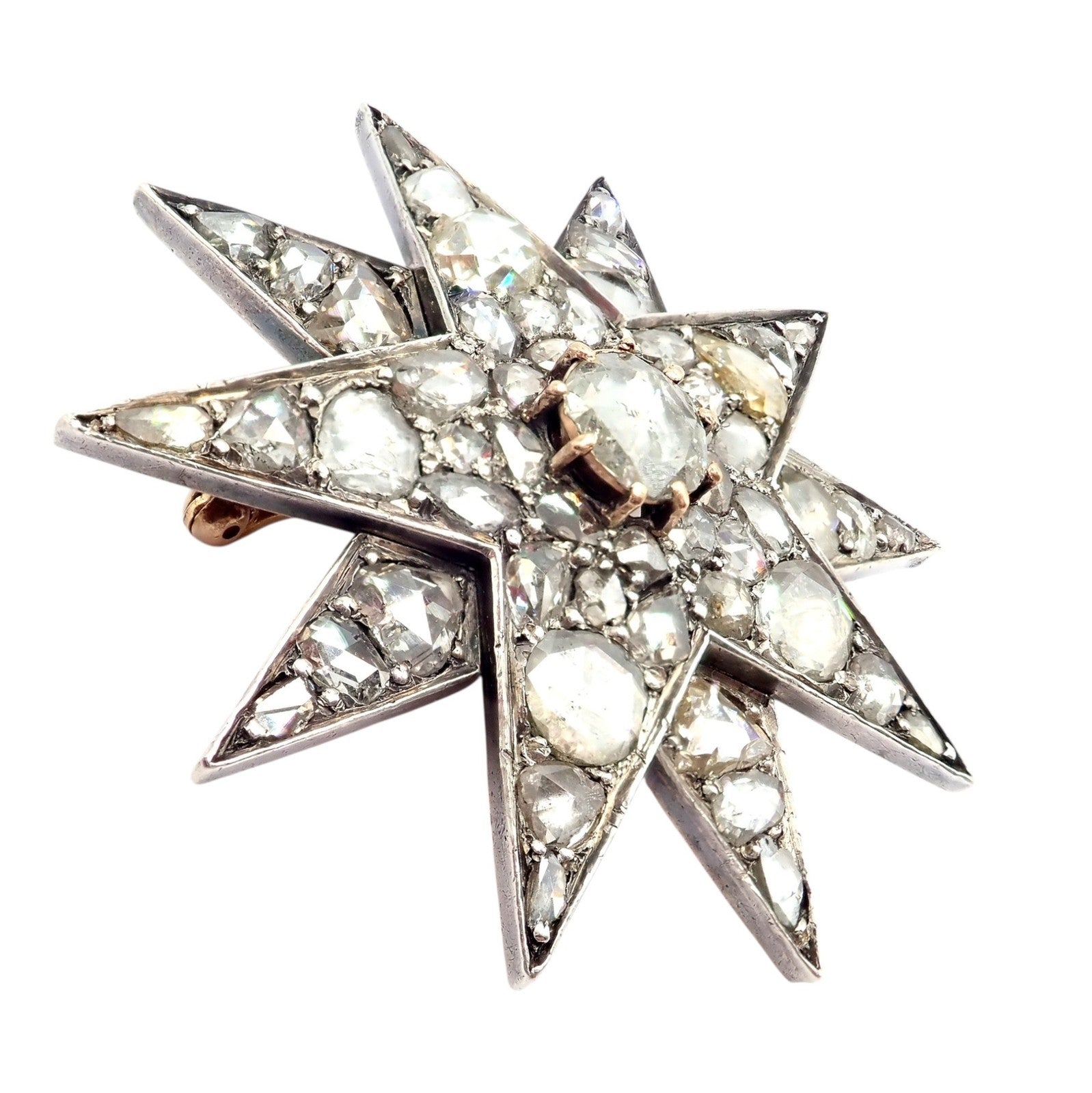 Antique 18k Gold + Silver Georgian Rose Cut Diamond Star Pin Brooch 1800's | Fortrove