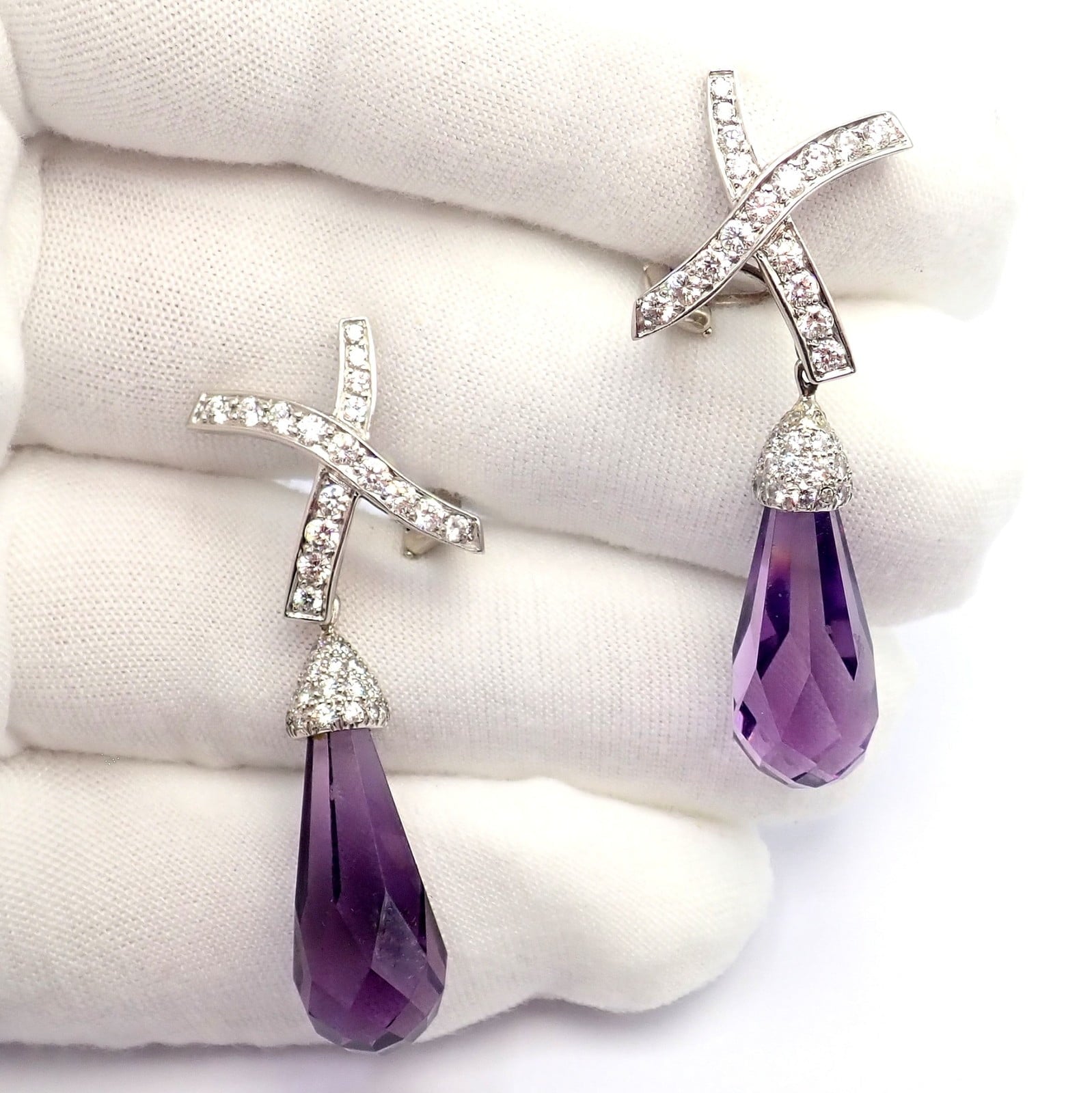 Tiffany & Co Picasso Platinum X Drop Diamond Amethyst Night + Day Earrings 1985 | Fortrove