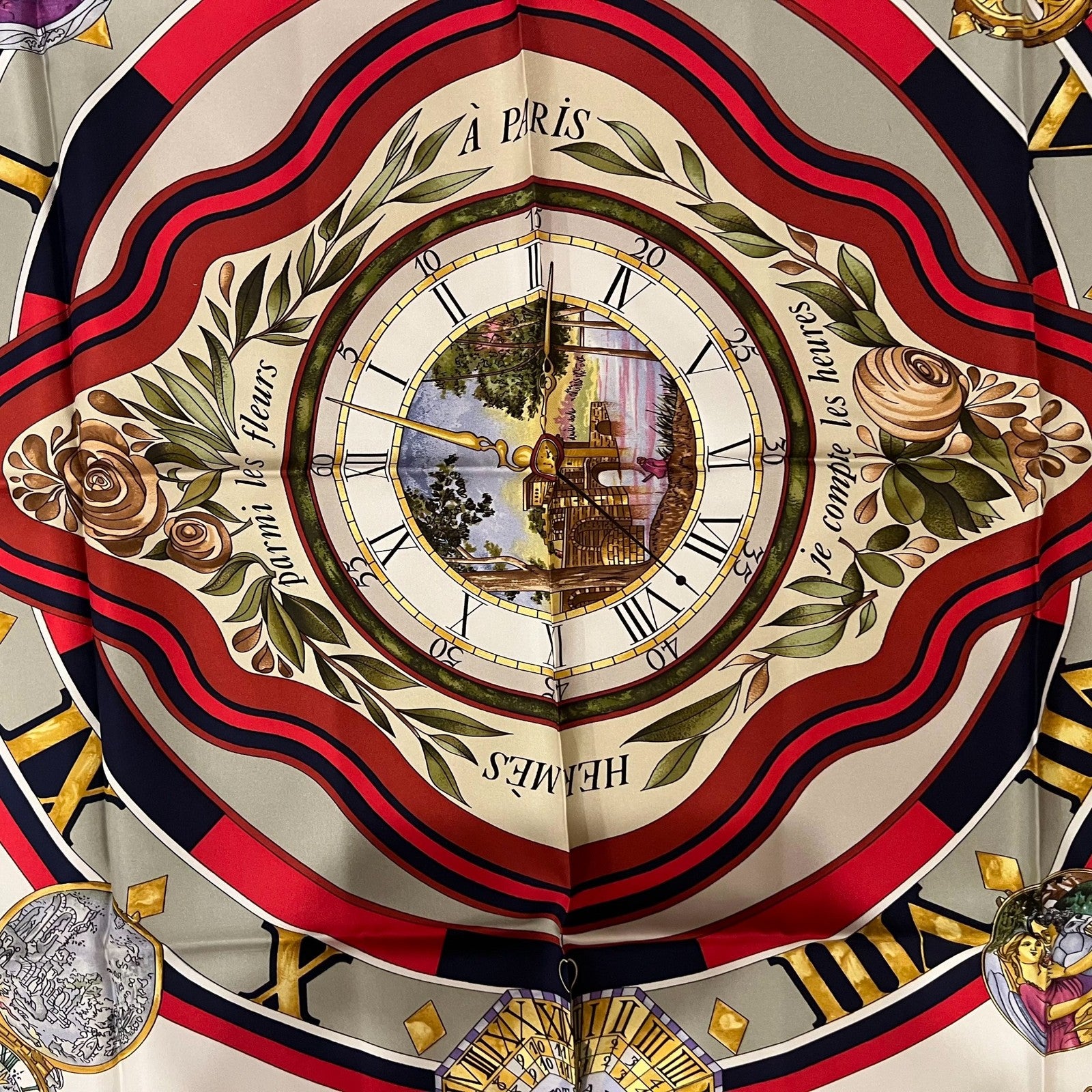 Hermes Clothing, Shoes & Accessories:Women:Women's Accessories:Scarves & Wraps Authentic Hermes Carre 90cm Parmi les Fleurs Je Compte les Heures Silk Scarf