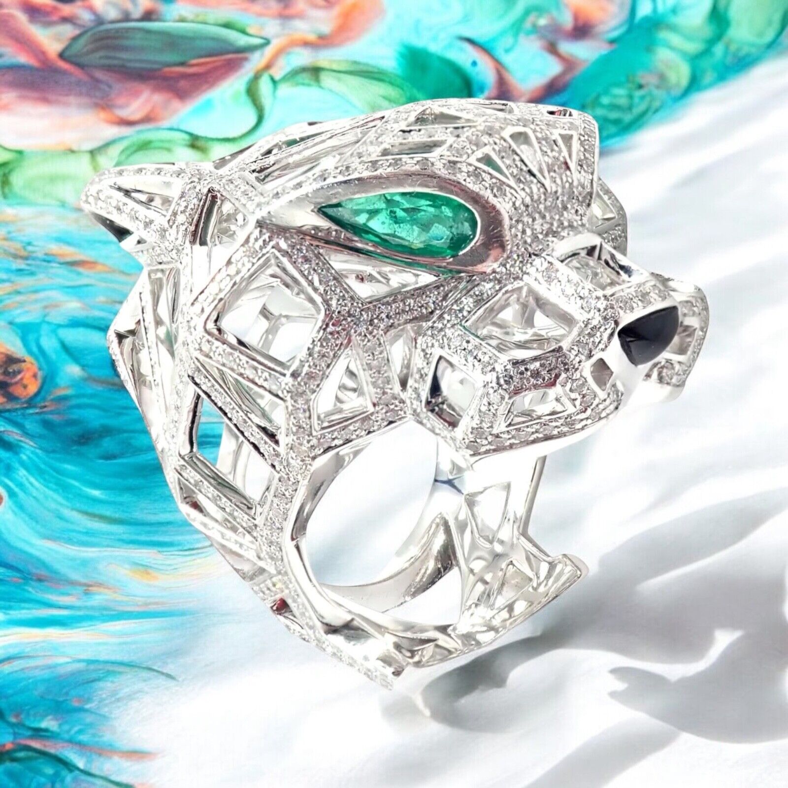 Cartier Jewelry & Watches:Fine Jewelry:Rings Cartier Panther Panthere 18k White Gold Emerald Diamond Paved Large Ring Size 54